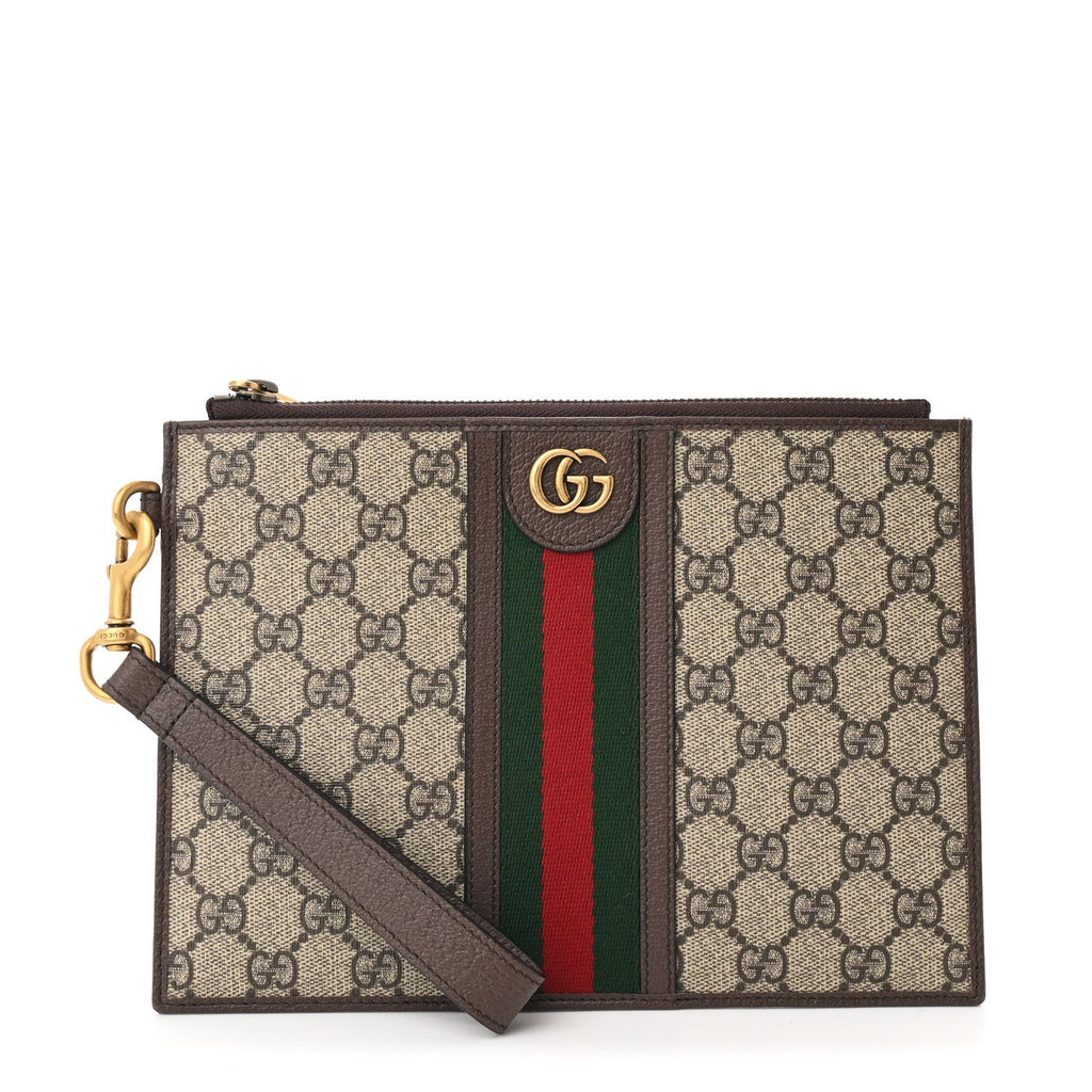 GG Supreme Monogram Web Ophidia Wristlet Pouch Brown