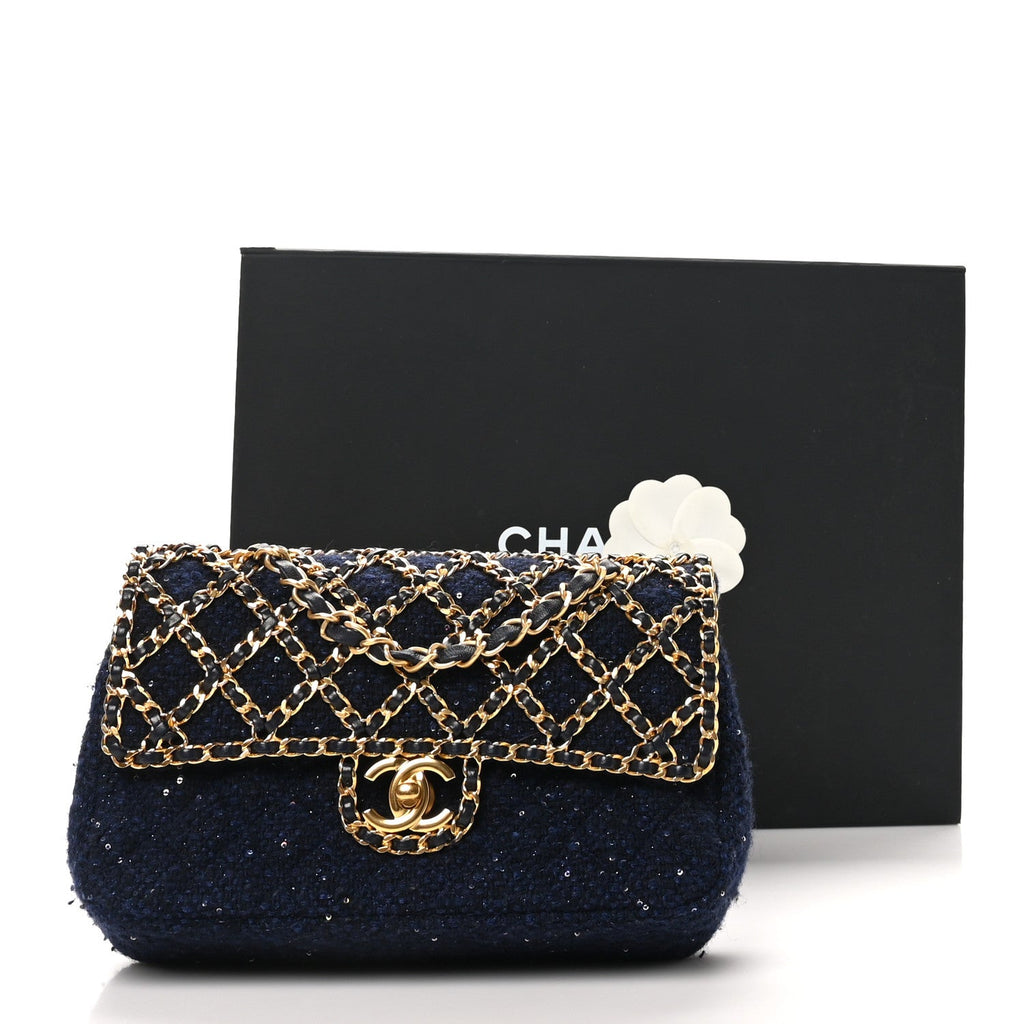 Tweed Sequin Timeless Classic Chained Double Flap Navy Blue