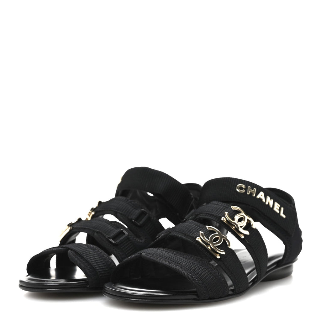 Fabric Metal CC Logo Flat Sandals 36.5 Black