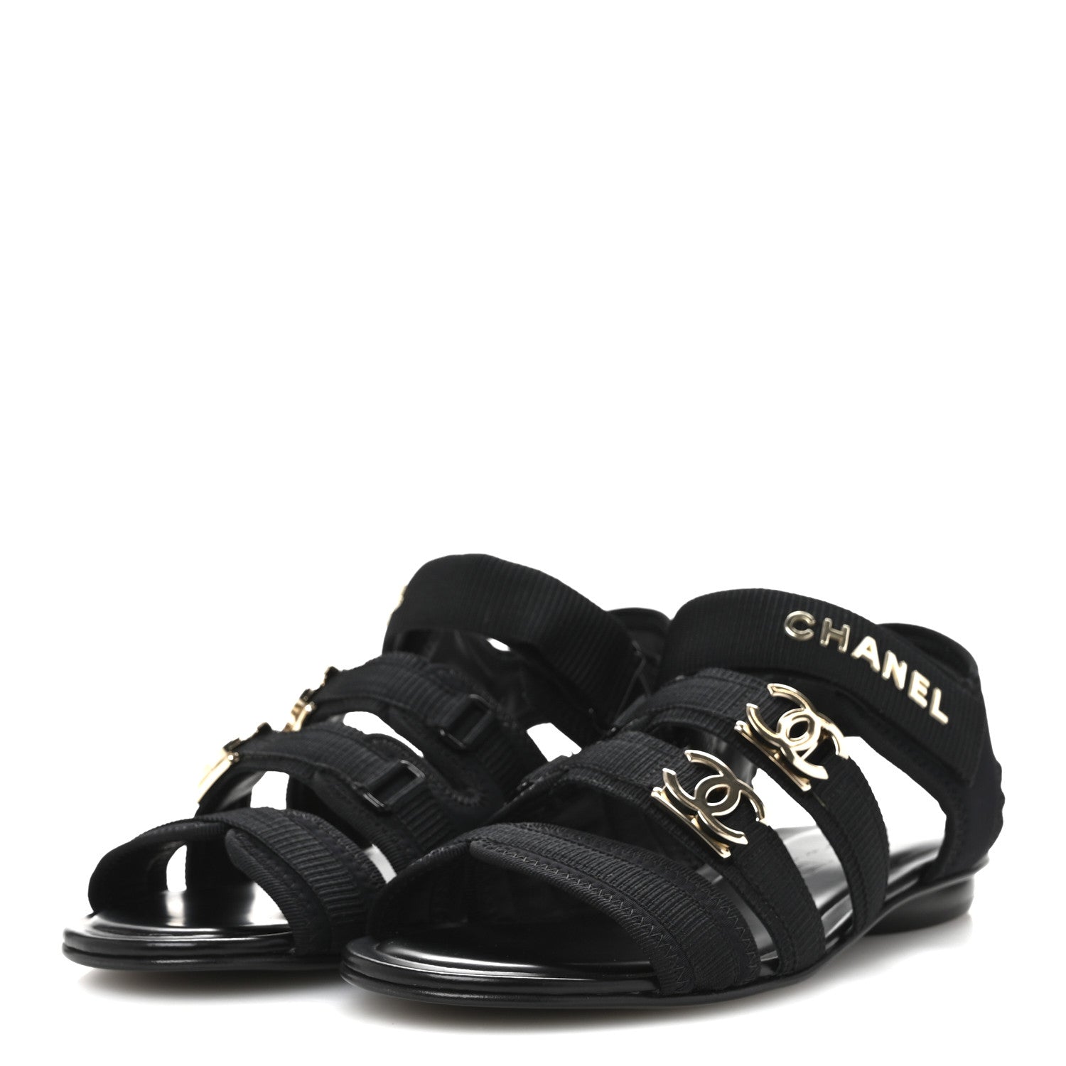 Fabric Metal CC Logo Flat Sandals 36.5 Black