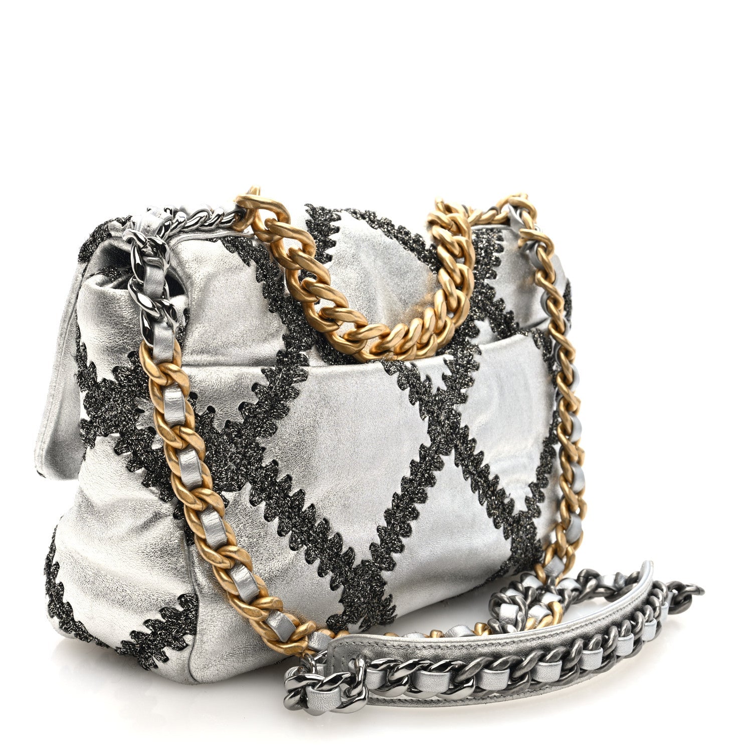 Metallic Calfskin Crochet Medium Chanel 19 Flap Silver