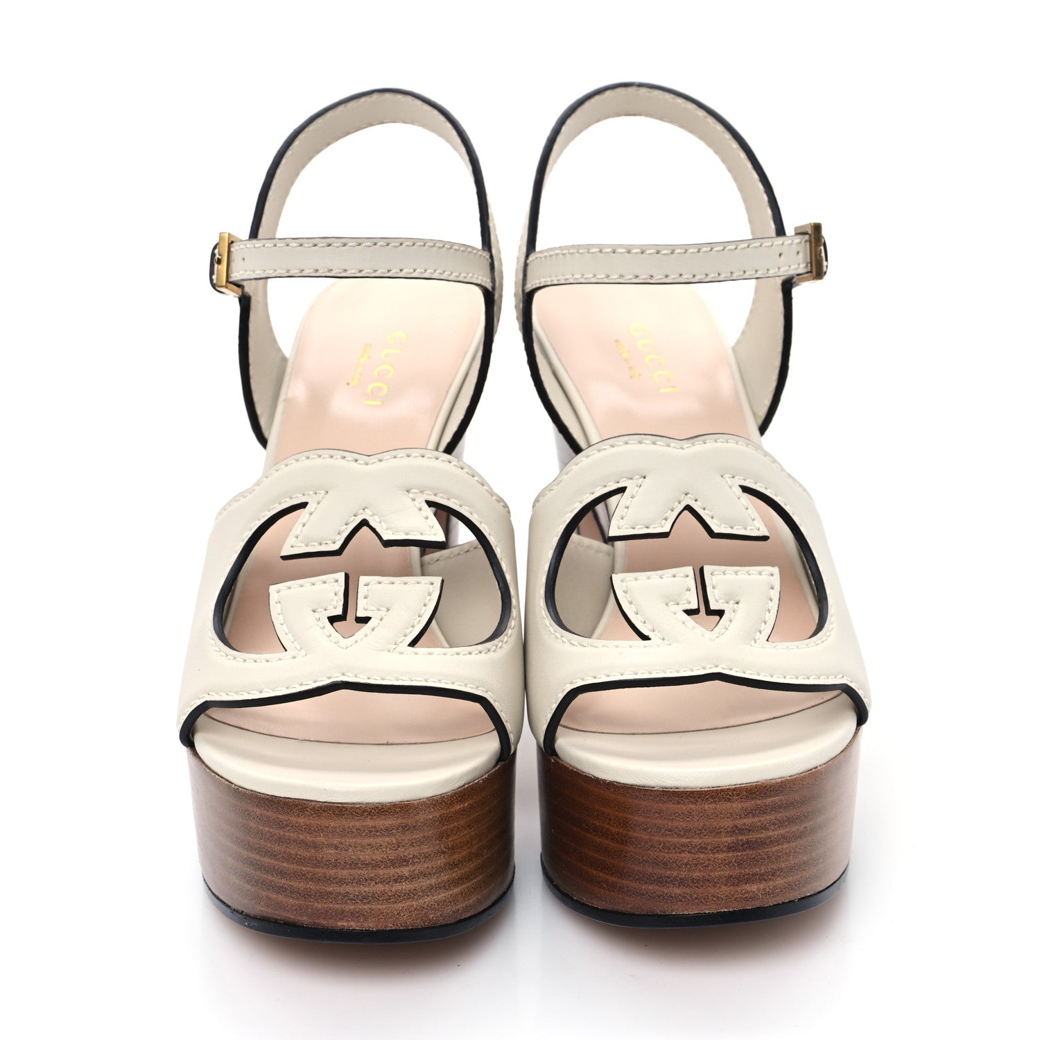 Cosmos Softy Calfskin Wooden Interlocking G Cut-Out 30/120mm Platform Sandals 35 Mystic White