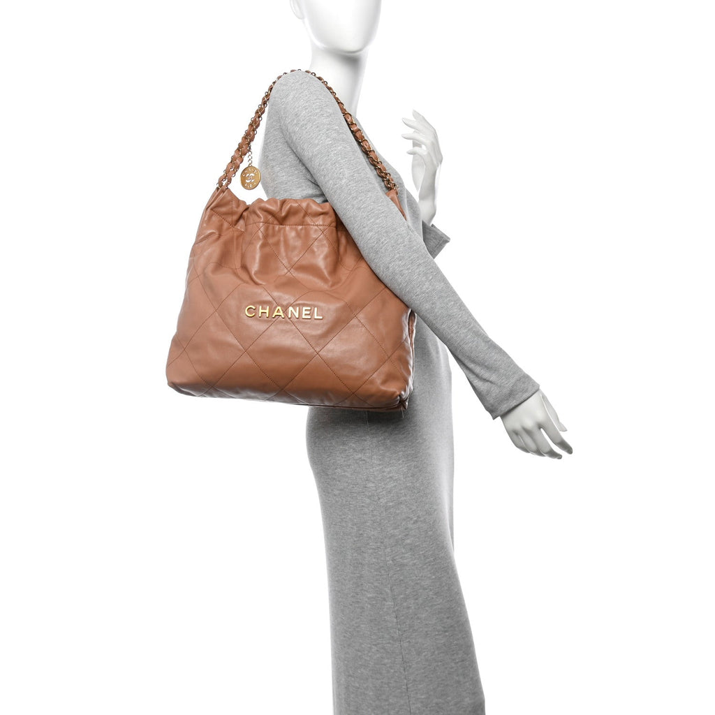 Shiny Calfskin Quilted Chanel 22 Camel
