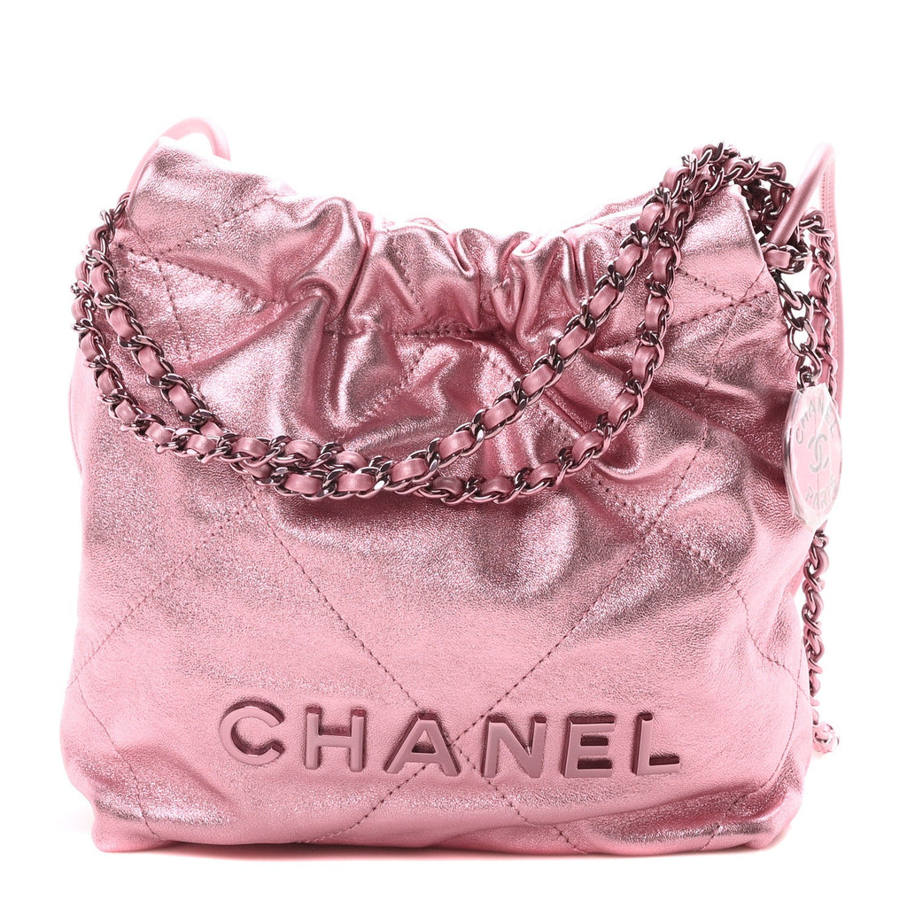 Metallic Lambskin Lacquered Monochrome Quilted Mini Chanel 22 Pink