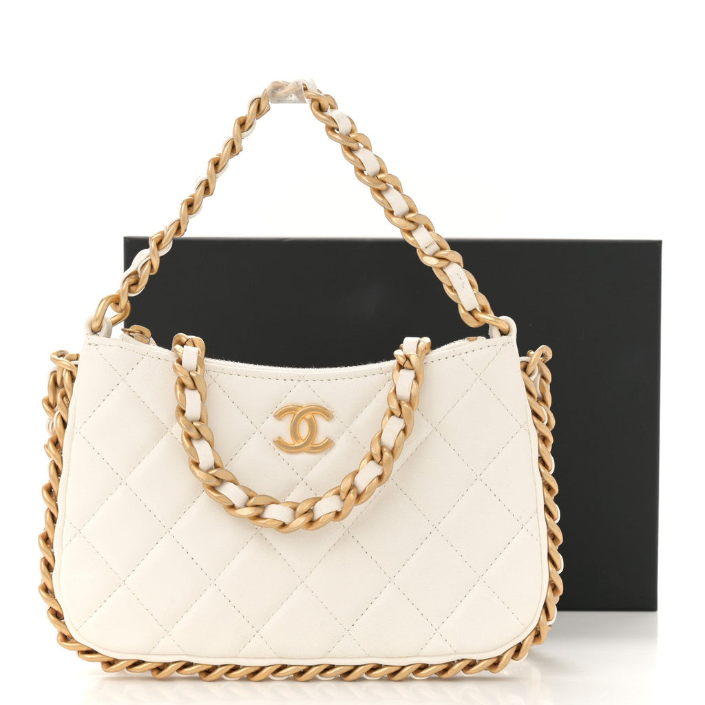 Shiny Crumpled Lambskin Quilted Trendy Chain Around Hobo White
