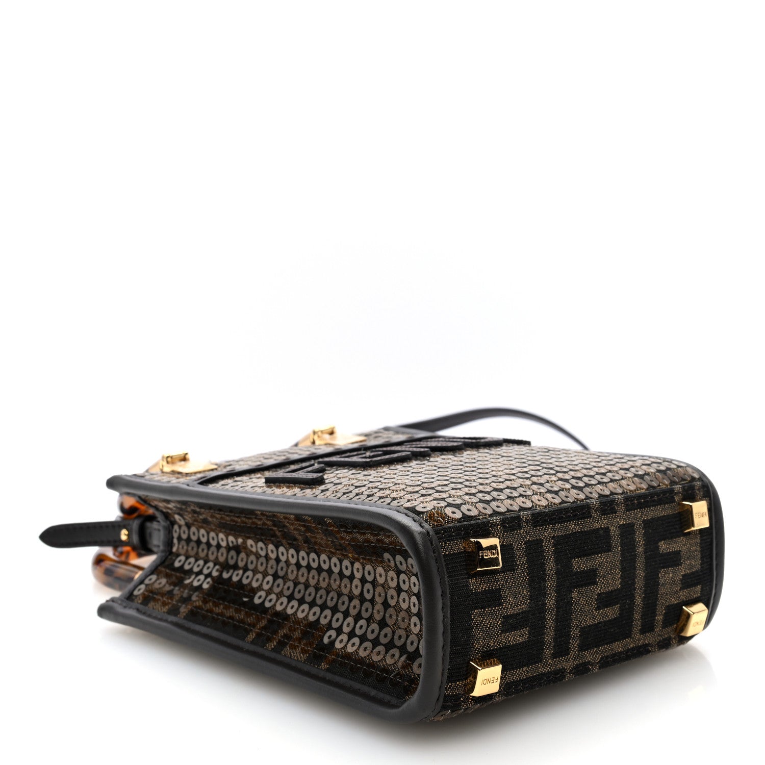 Fabric Jacquard Paillettes Vitello Seta Plexiglass FF 1974 Embroidered Mini Fendi Sunshine Shopper Tote Tobacco Moro