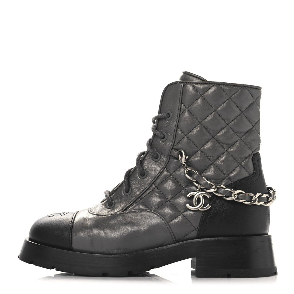 Calfskin Quilted Chain Lace Up Combat Boots 36.5 Grey Black