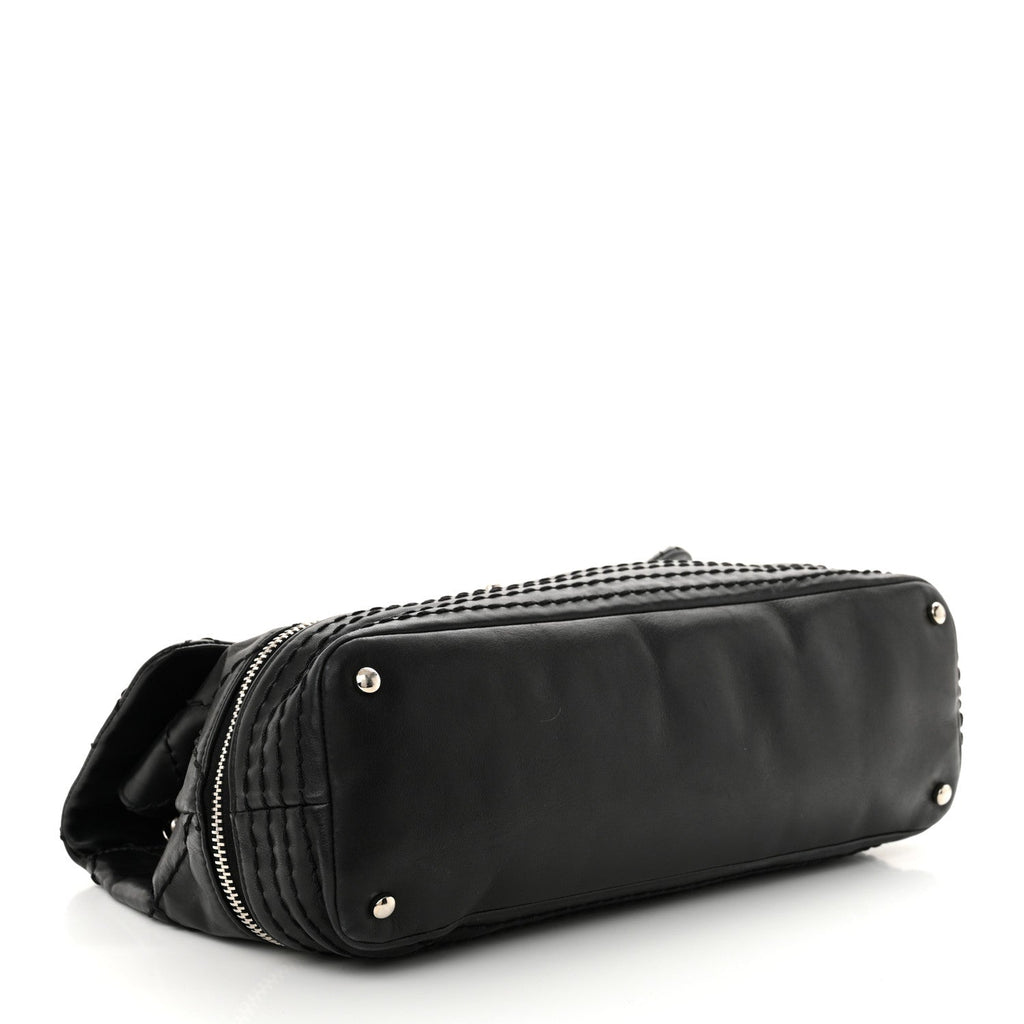 Calfskin Stitched Large Expandable Flap Bag Black