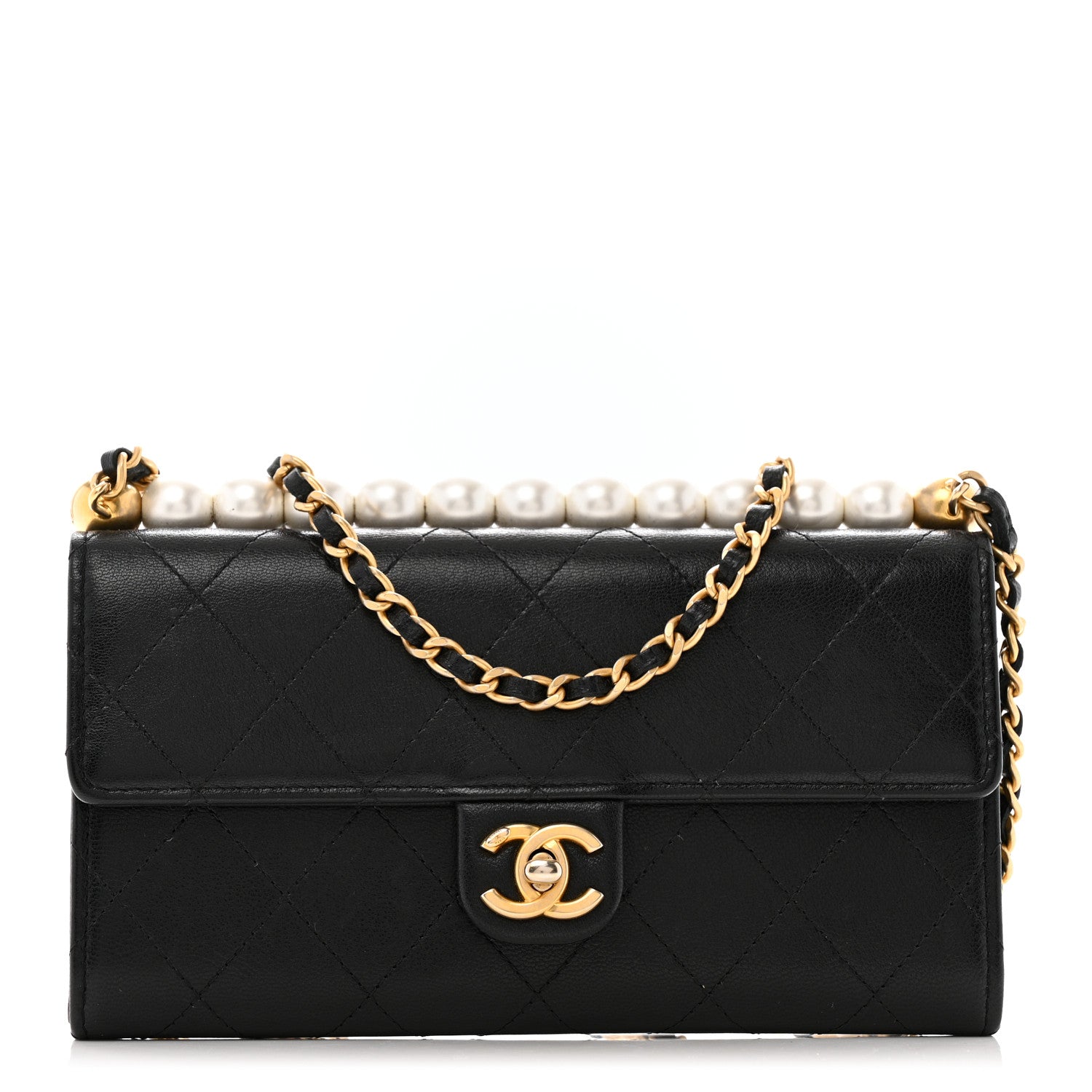 Goatskin Quilted Chic Pearls Clutch With Chain Black