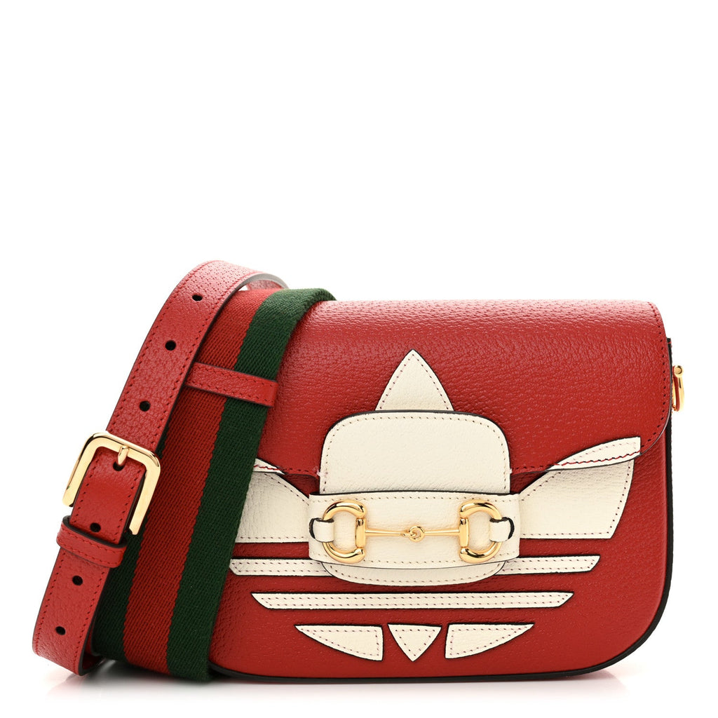 X ADIDAS Textured Dollar Calfskin Web Trefoil Mini Horsebit 1955 Shoulder Bag Hibiscus Red Off White
