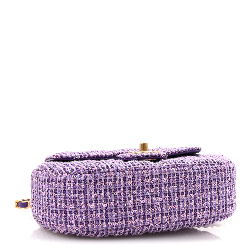 Tweed Sequin Quilted Baywatch Top Handle Flap Purple Silver Light Purple