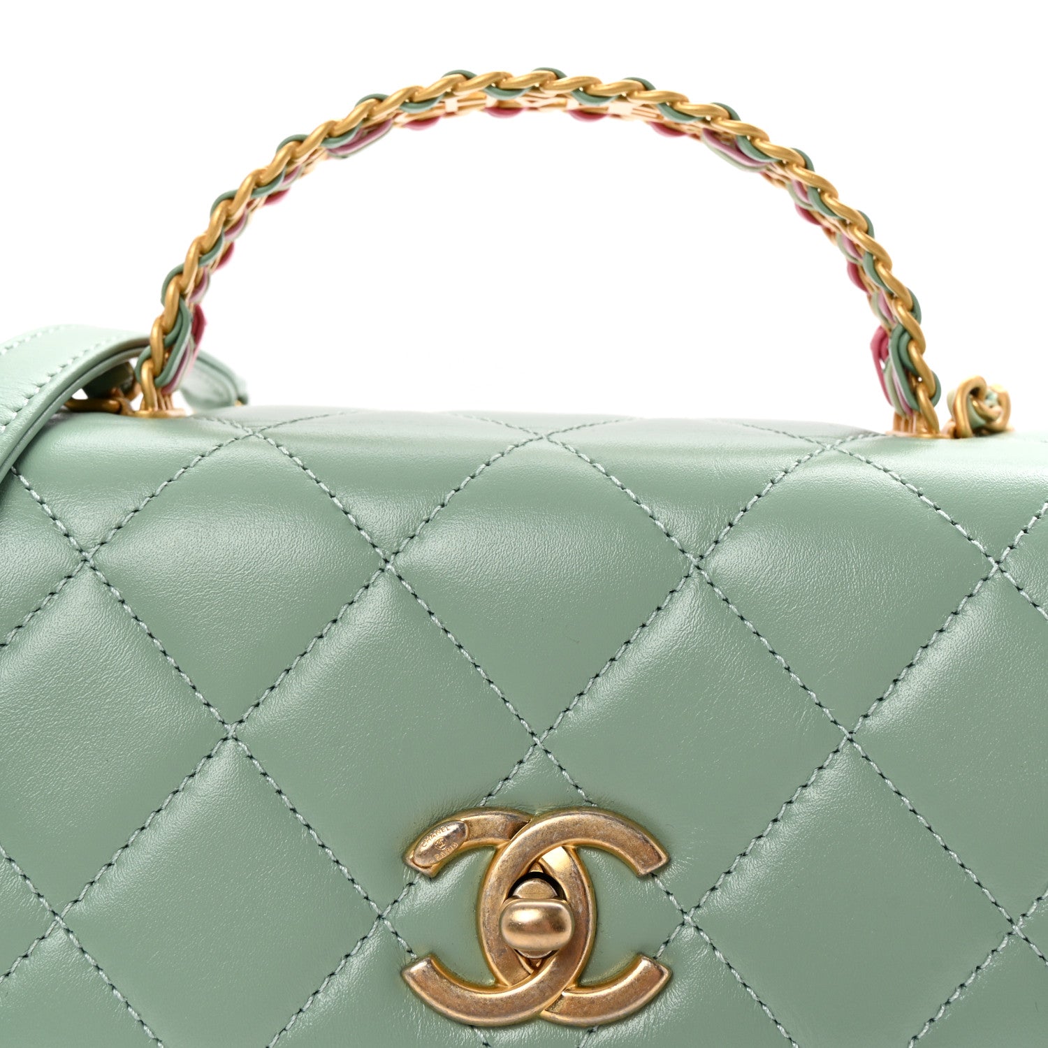 Shiny Calfskin Quilted Mini Metal Top Handle Flap Light Green