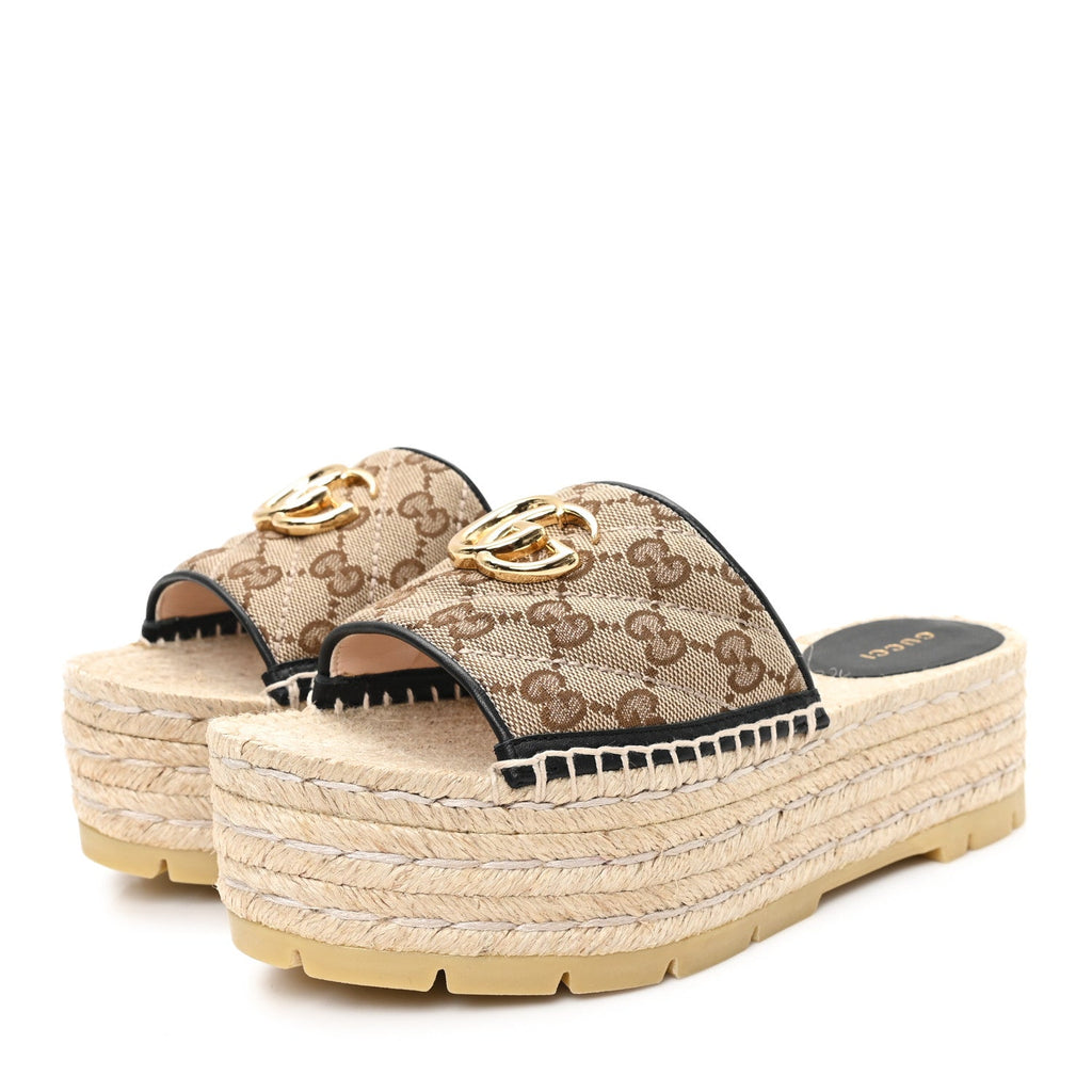 Monogram Matelasse Diagonal GG Marmont Platform Espadrille Slide Sandals 36 Beige Ebony Black