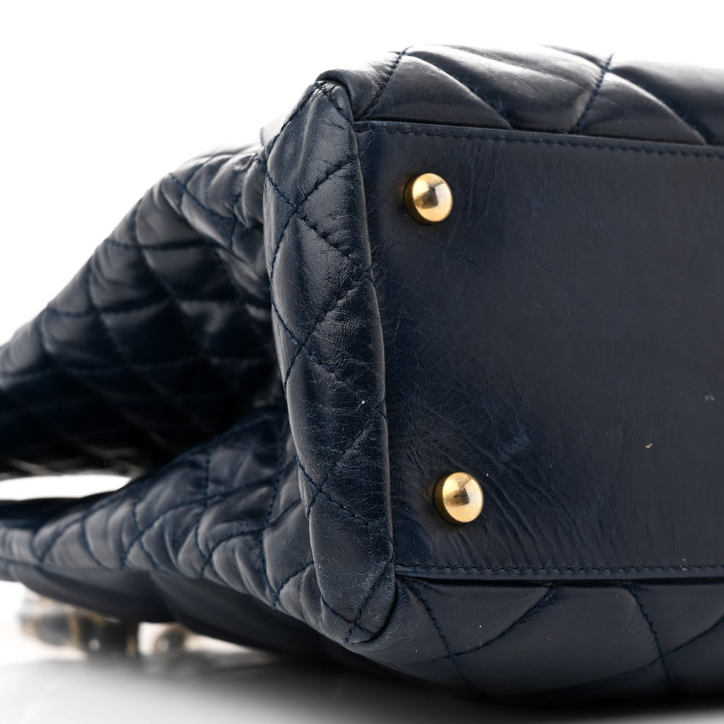 Glazed Calfskin Quilted Daily Walk Tote Navy