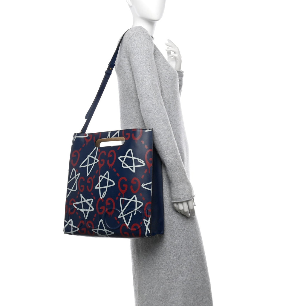 Calfskin GucciGhost Medium XL Tote Blue Agata Hibiscus Red