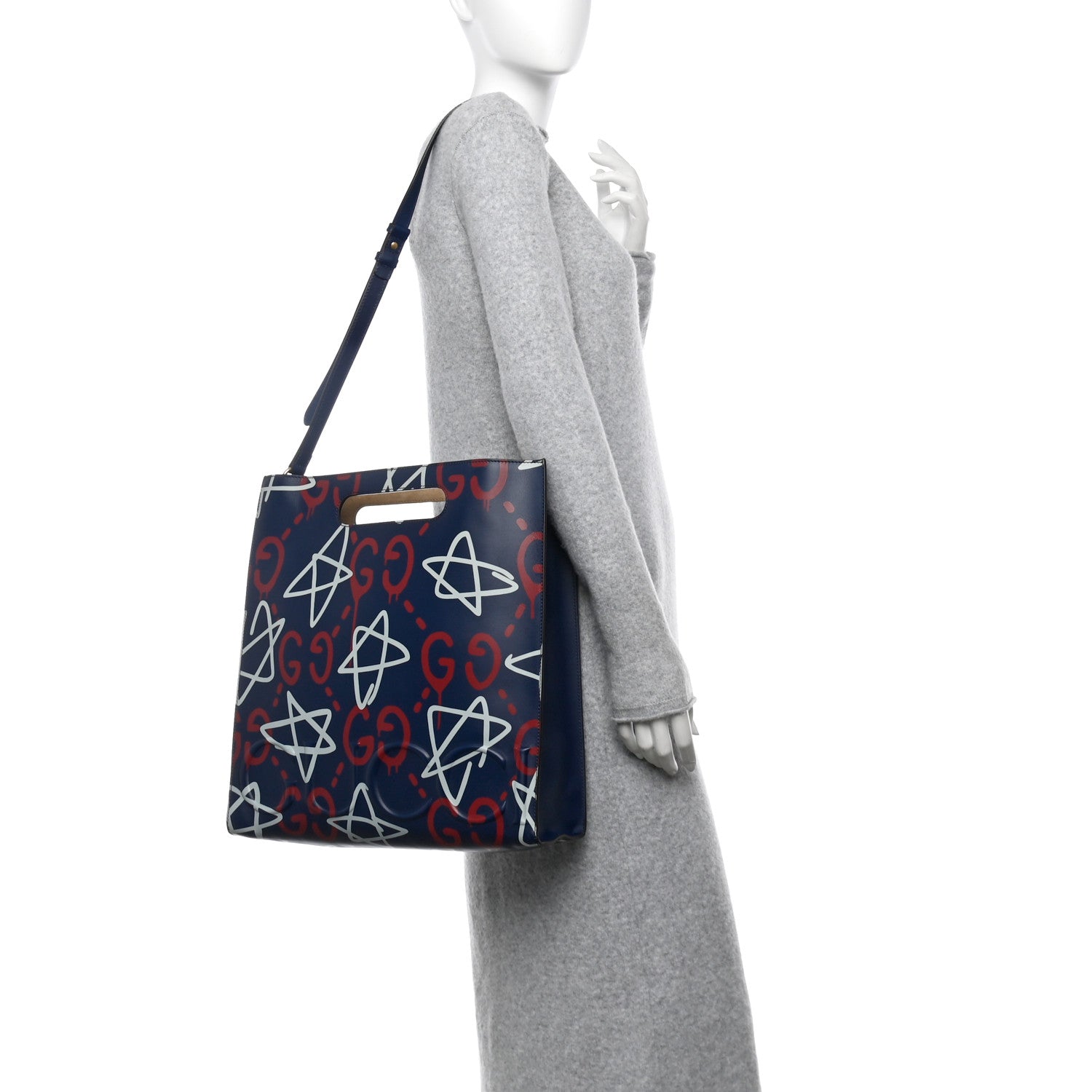 Calfskin GucciGhost Medium XL Tote Blue Agata Hibiscus Red