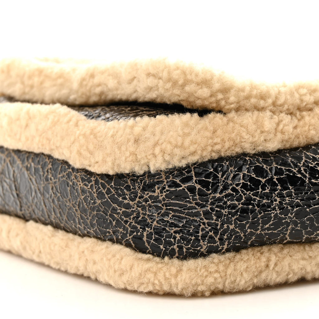 Shiny Crumpled Sheepskin Shearling CC Mania Flap Bag Black Beige