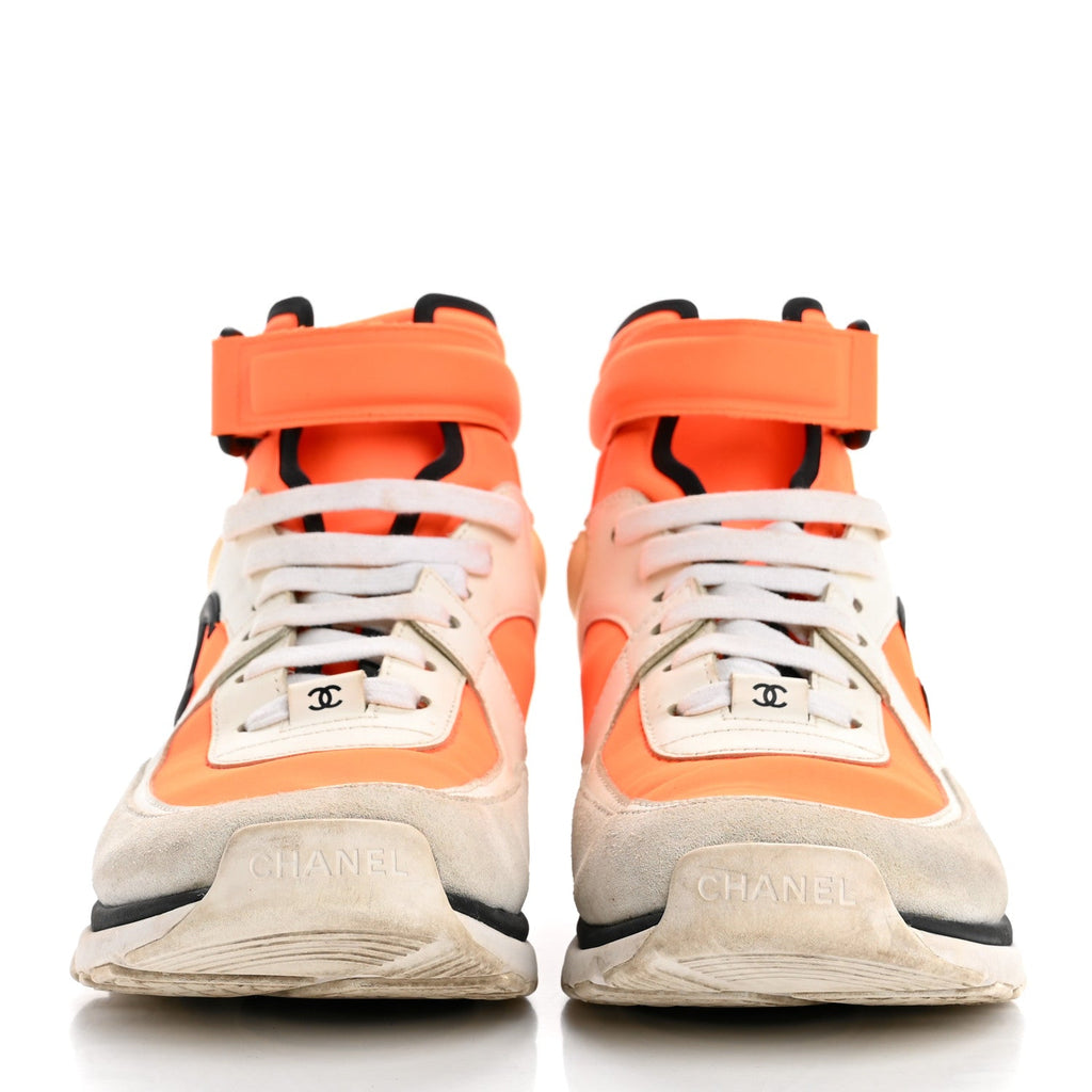Suede Calfskin Lambskin Neoprene High Top CC Sneakers 40 White Fluo Orange