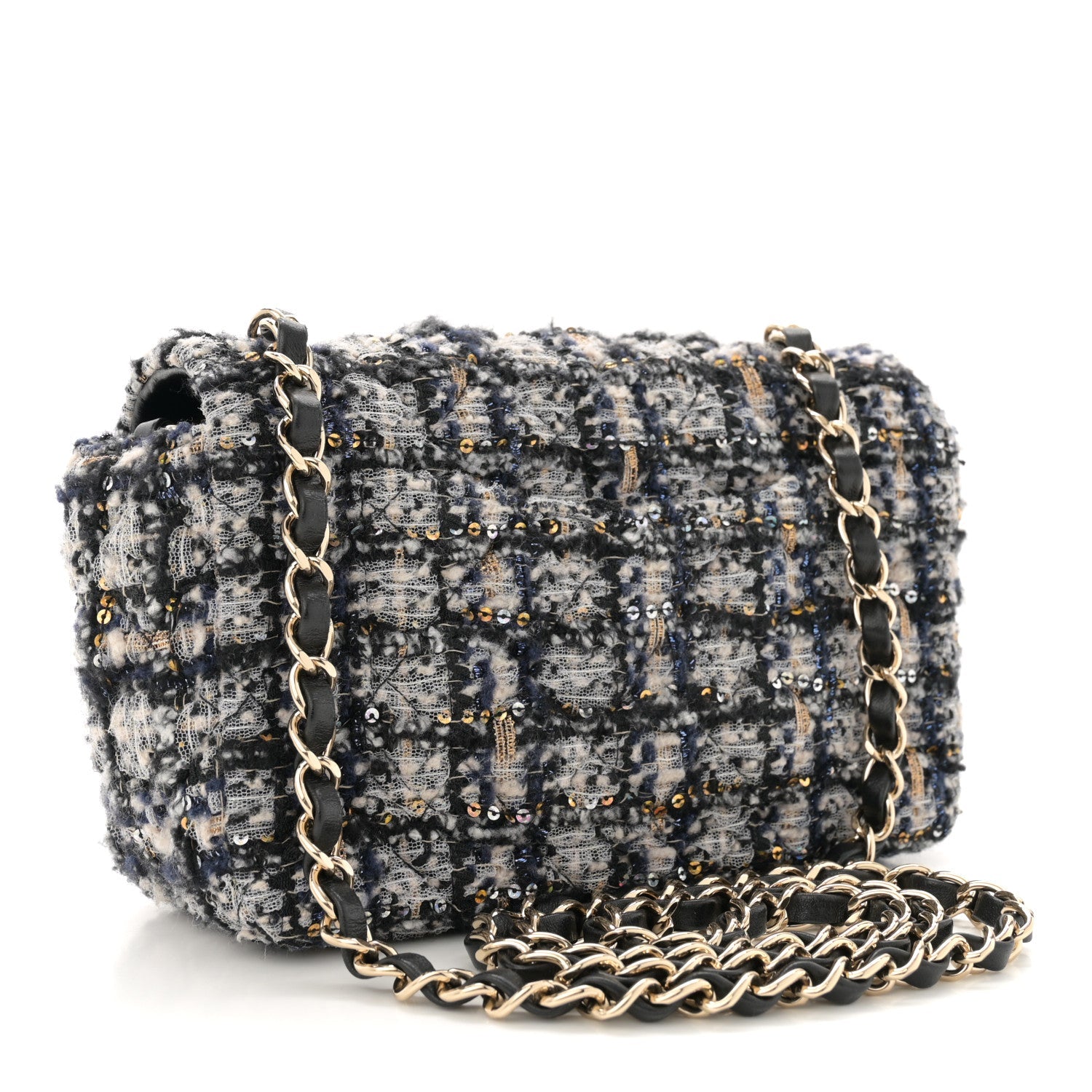 Glittered Tweed Quilted Mini Rectangular Flap Navy Blue