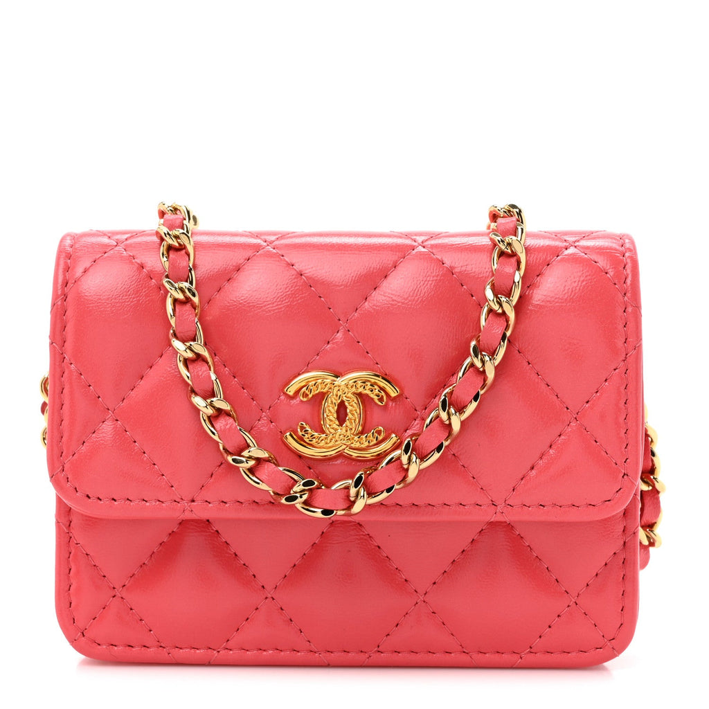 Shiny Lambskin Quilted  Holder On Chain Pink