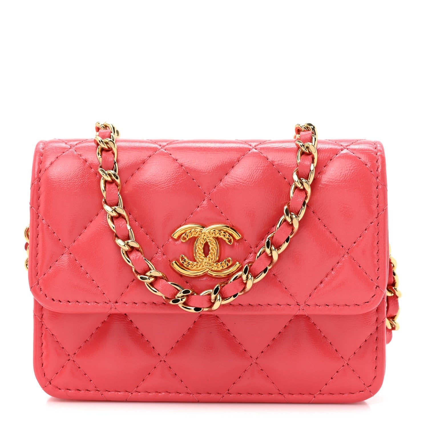 Shiny Lambskin Quilted  Holder On Chain Pink