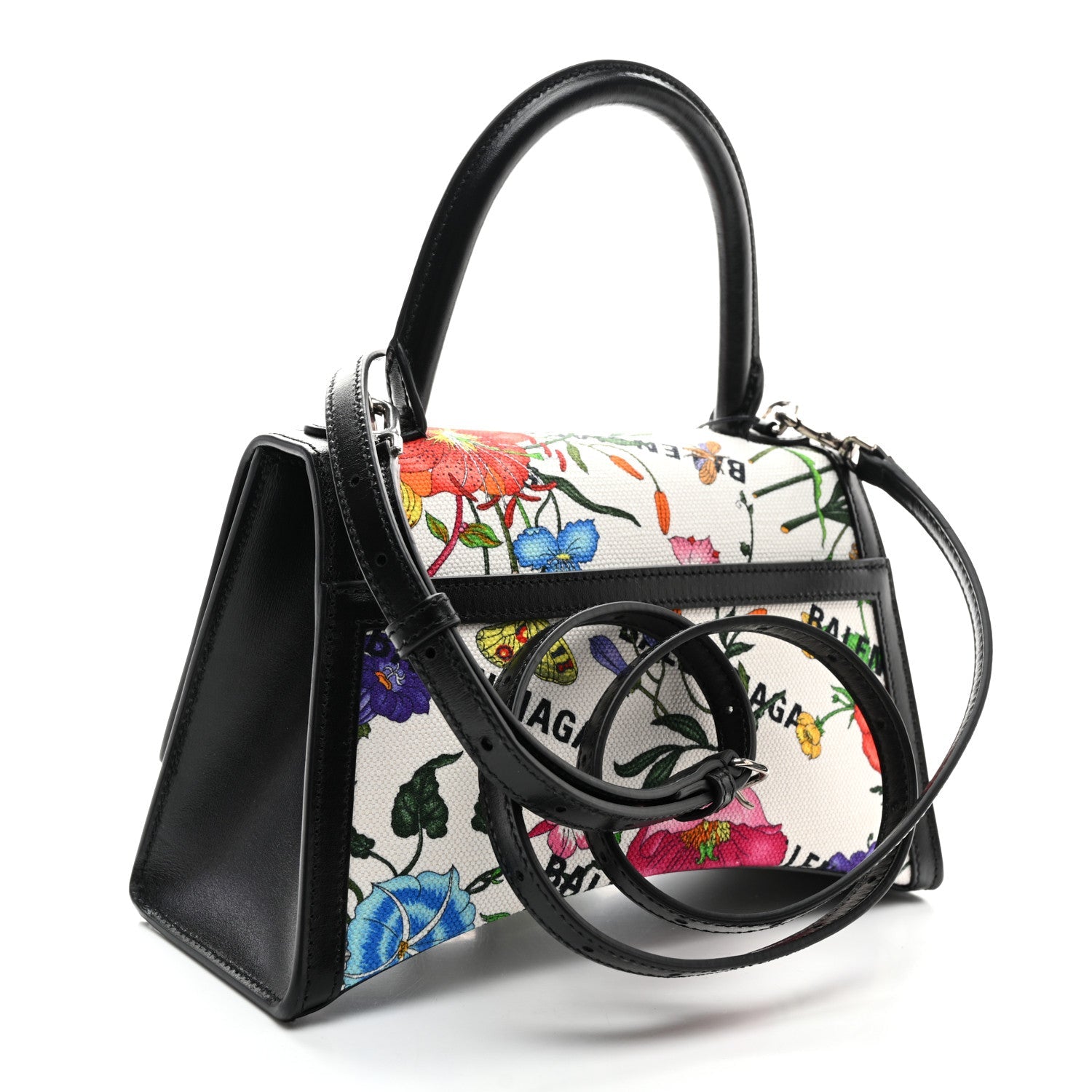 X GUCCI Canvas Boarded Plutone Calfskin Flora Logo Print Small Hourglass Top Handle Bag White Multicolor Black