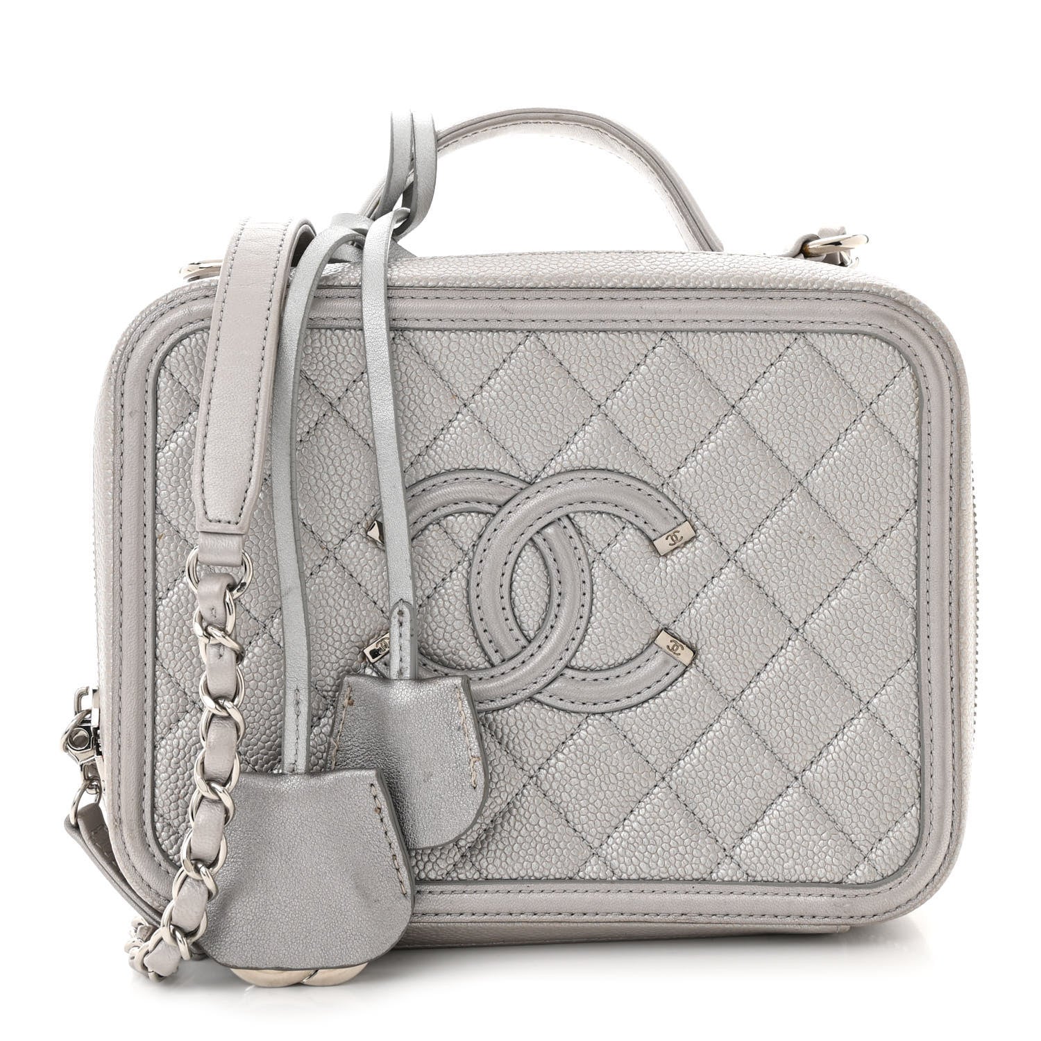 Metallic Caviar Quilted Medium CC Filigree Vanity Case Silver