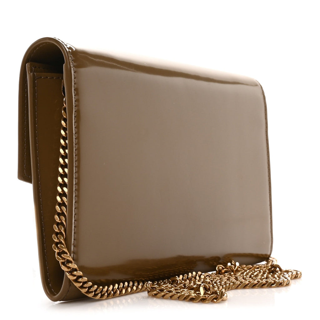 Patent Calfskin Uptown Chain Wallet Taupe