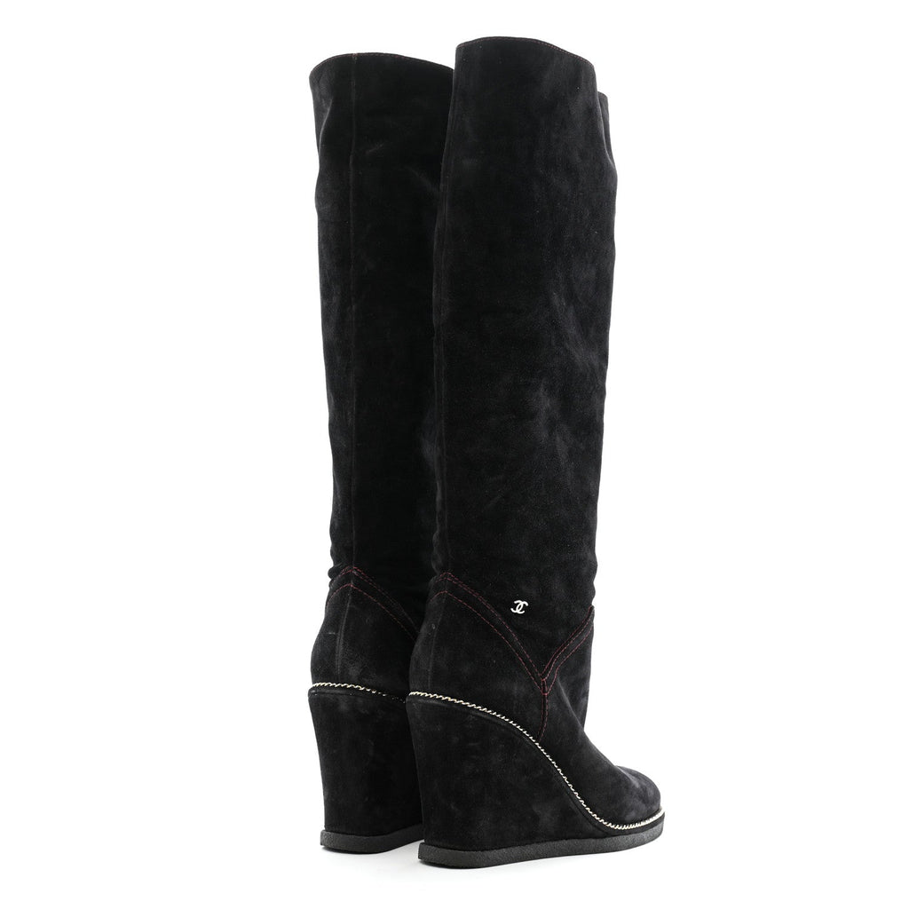 Suede Calfskin Chain Around High Boots 41 Black