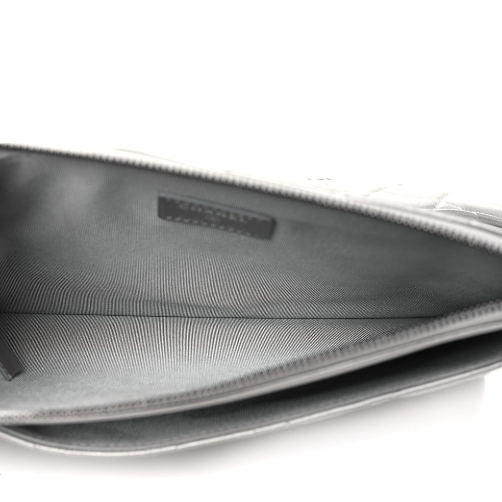 Metallic Lambskin Quilted Clutch With Chain Silver