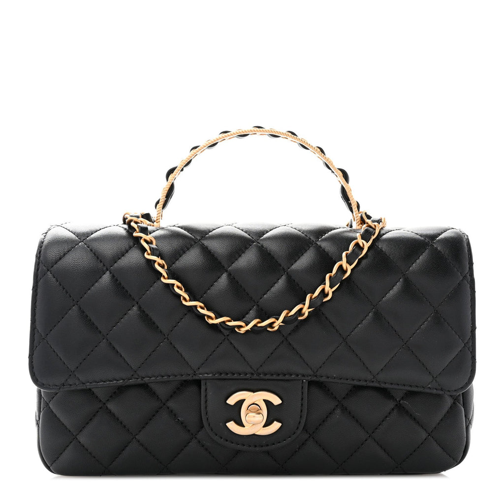 Lambskin Quilted Small Metal Top Handle Flap Black