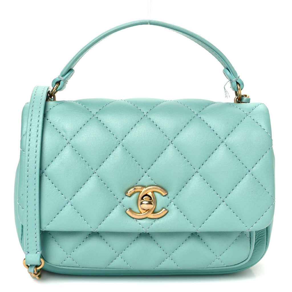 Calfskin Quilted Top Handle Flap Light Blue