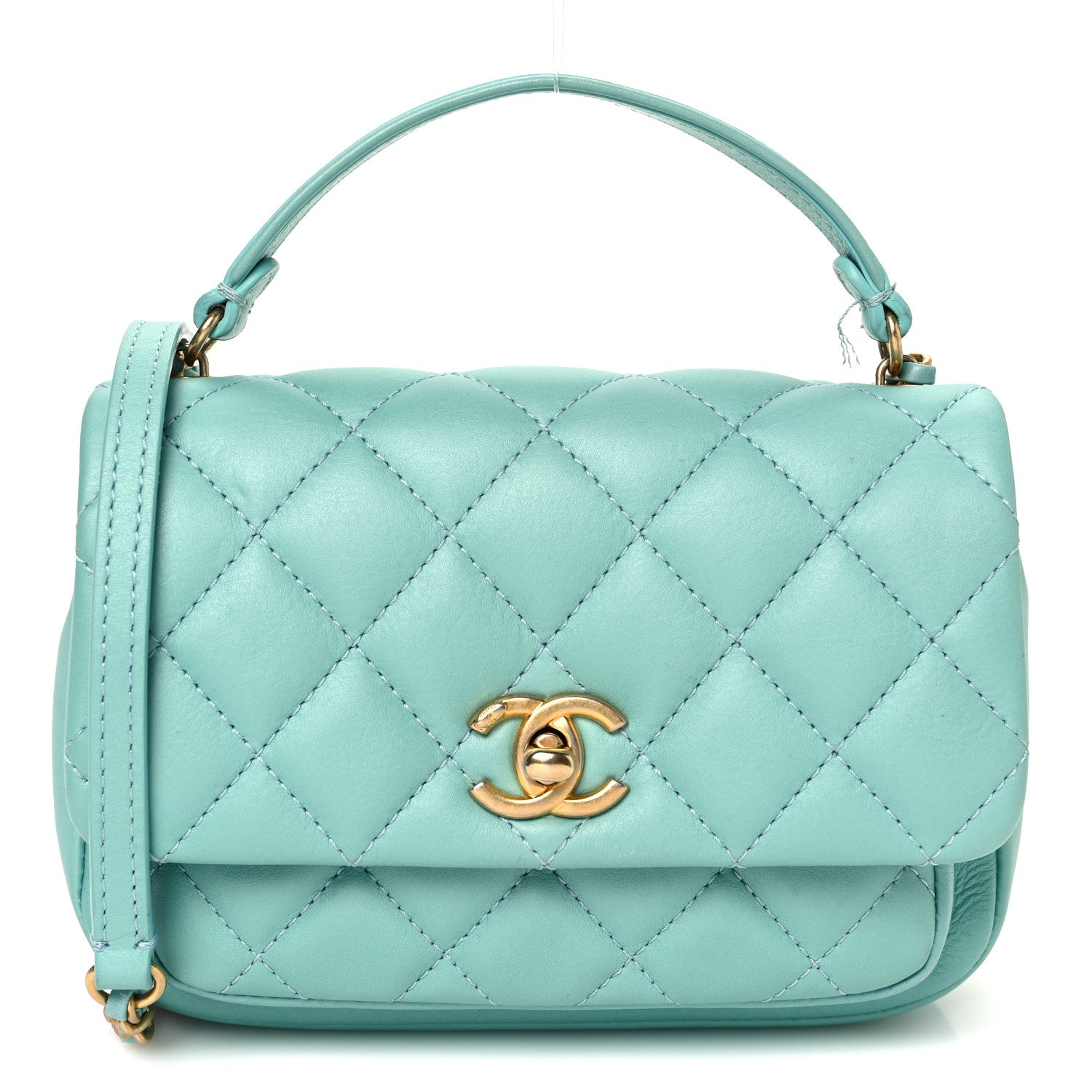 Calfskin Quilted Top Handle Flap Light Blue