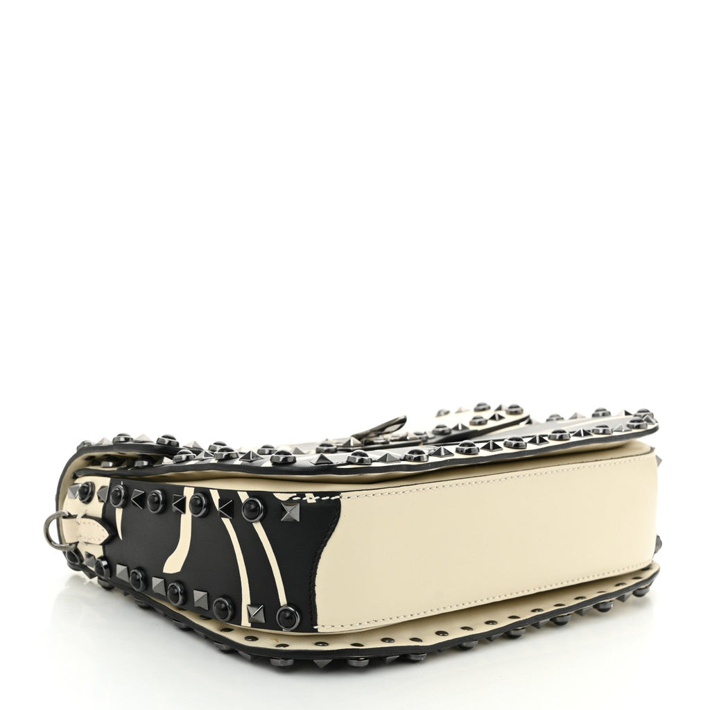 Calfskin Panther Medium Guitar Strap Rockstud Rolling Flap Saddle Bag Light Ivory Black