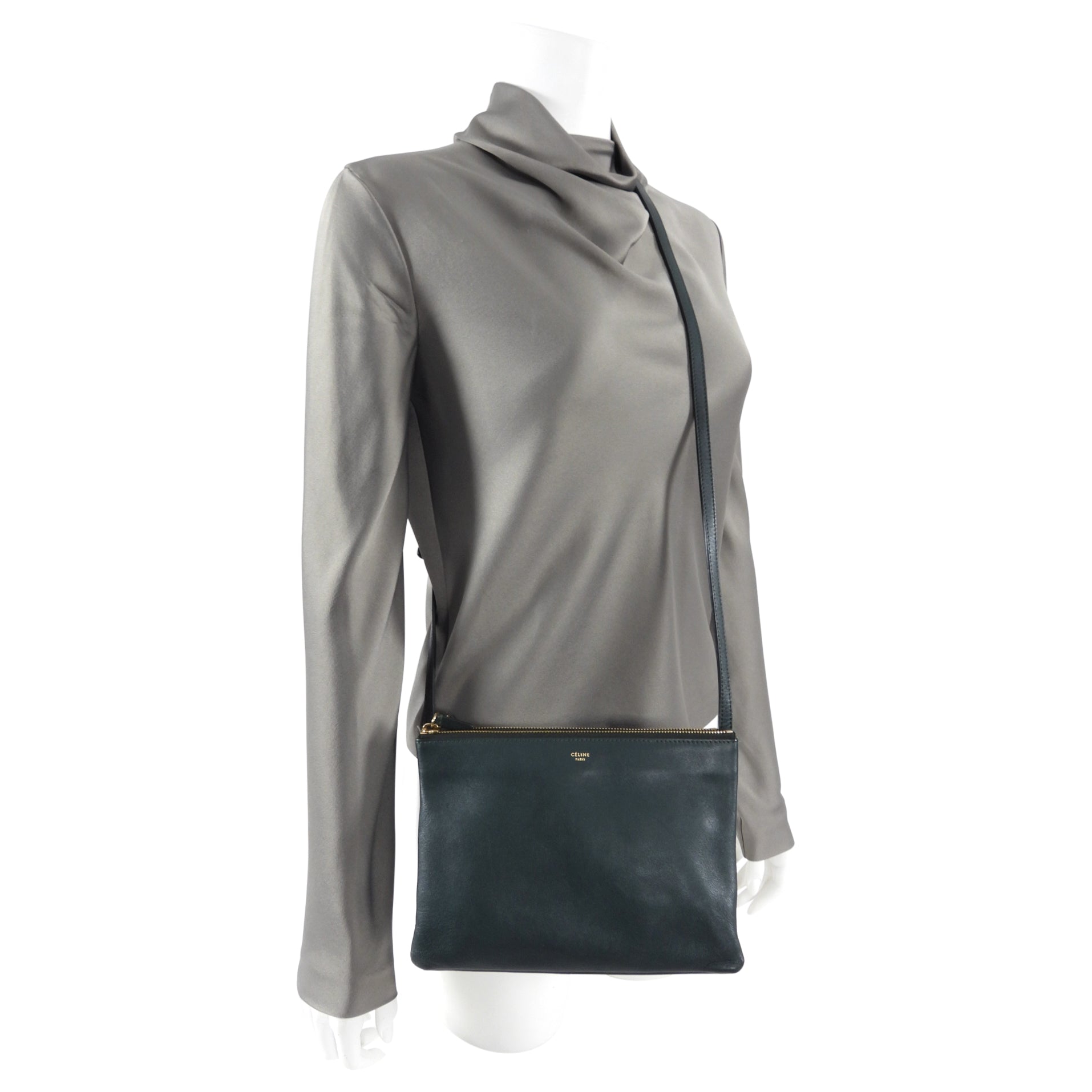 Celine Dark Green Smooth Leather Large Trio Crossbody Bag