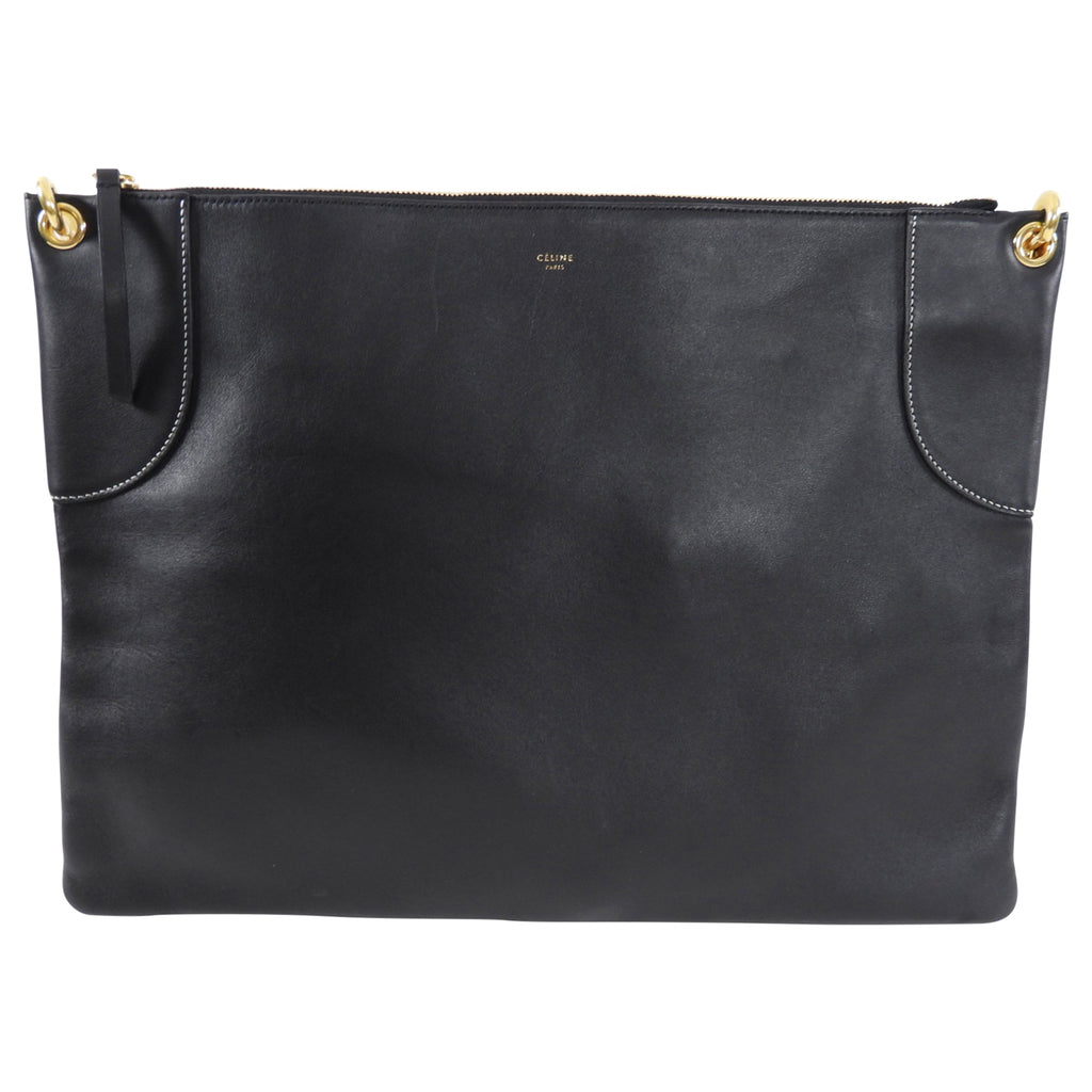 Celine Large Black Leather Flat Zip Pouch / Bag
