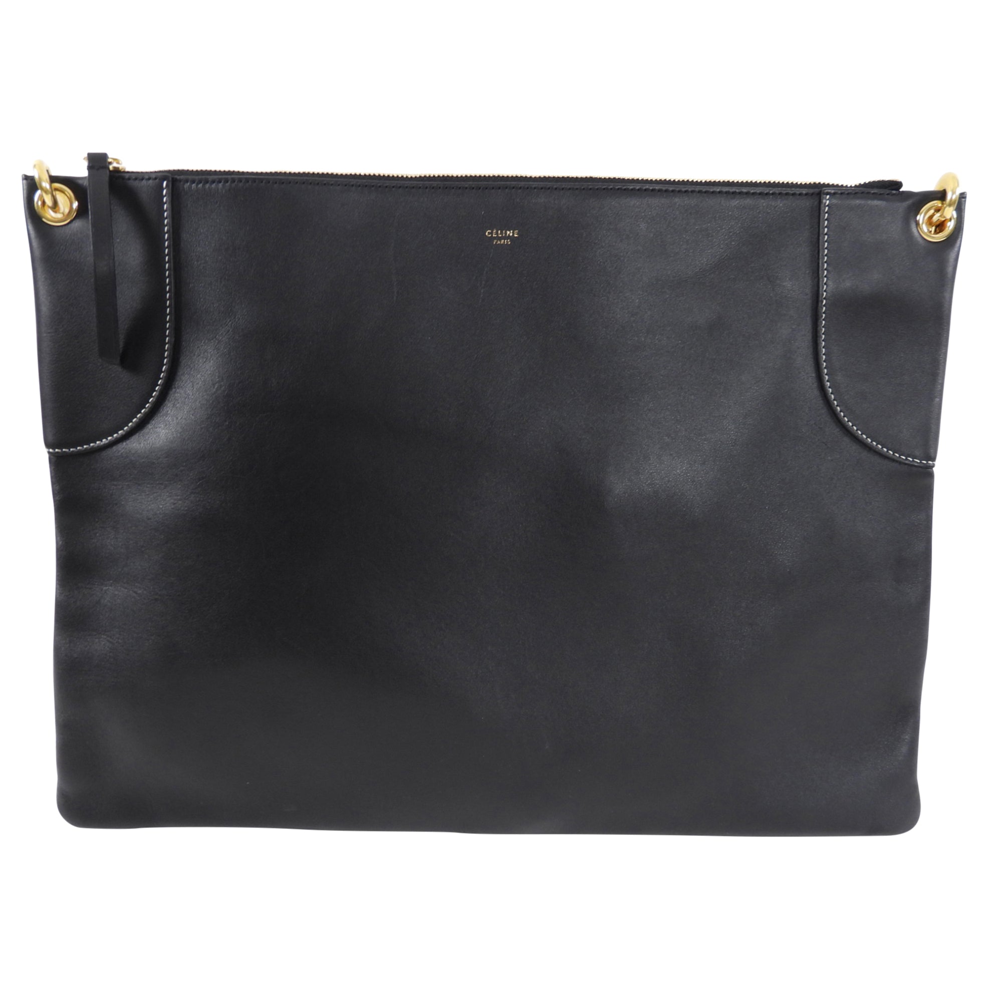 Celine Large Black Leather Flat Zip Pouch / Bag