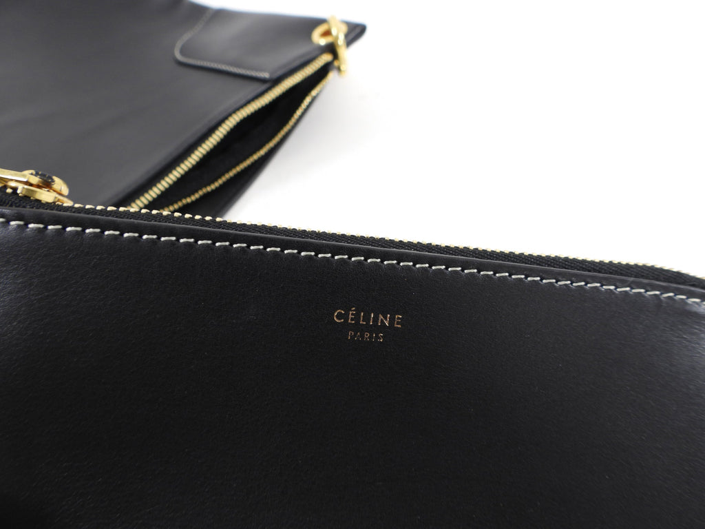 Celine Large Black Leather Flat Zip Pouch / Bag