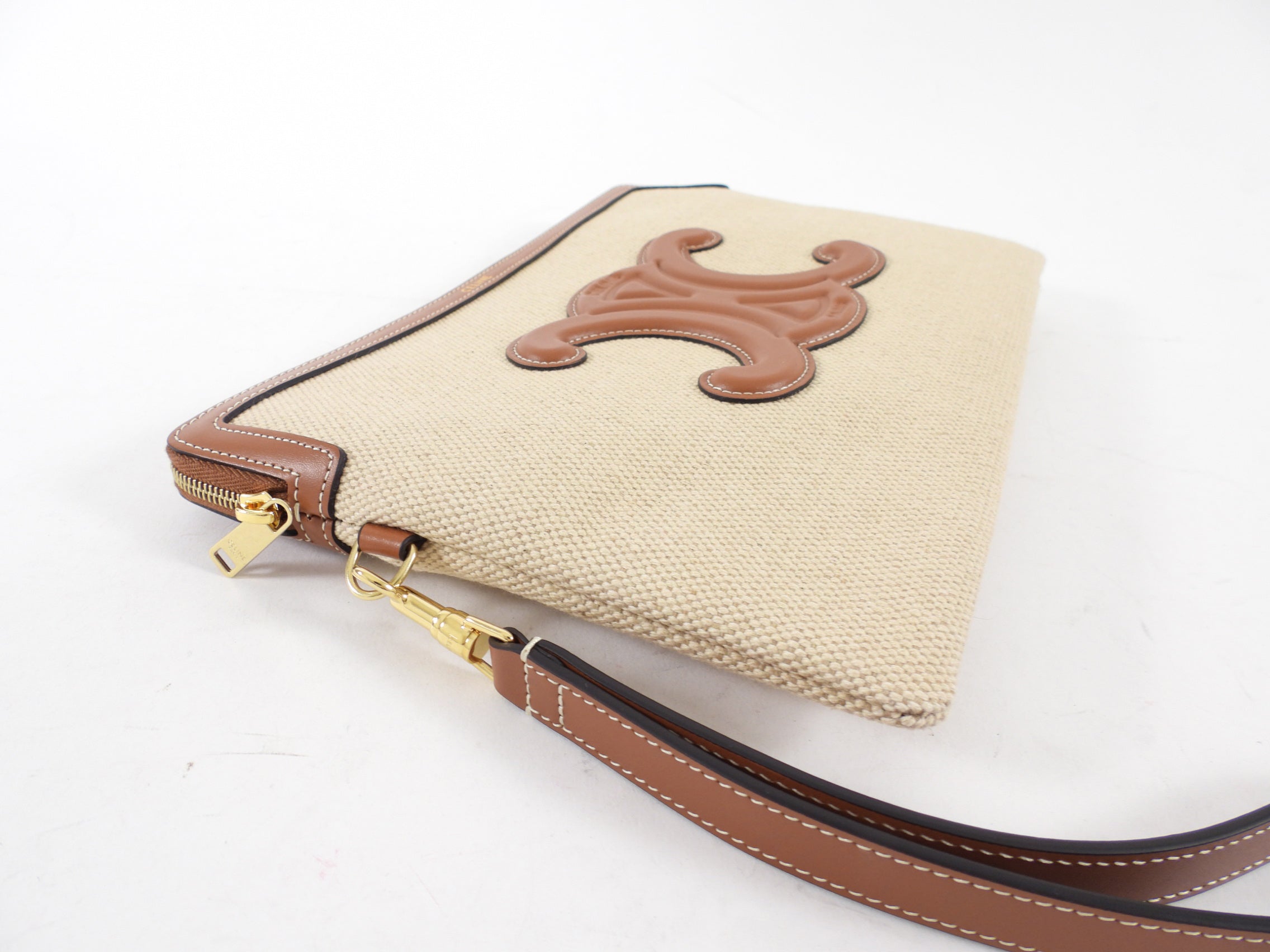 Celine Canvas and Tan Leather Triomphe Zip Pouch Clutch Bag