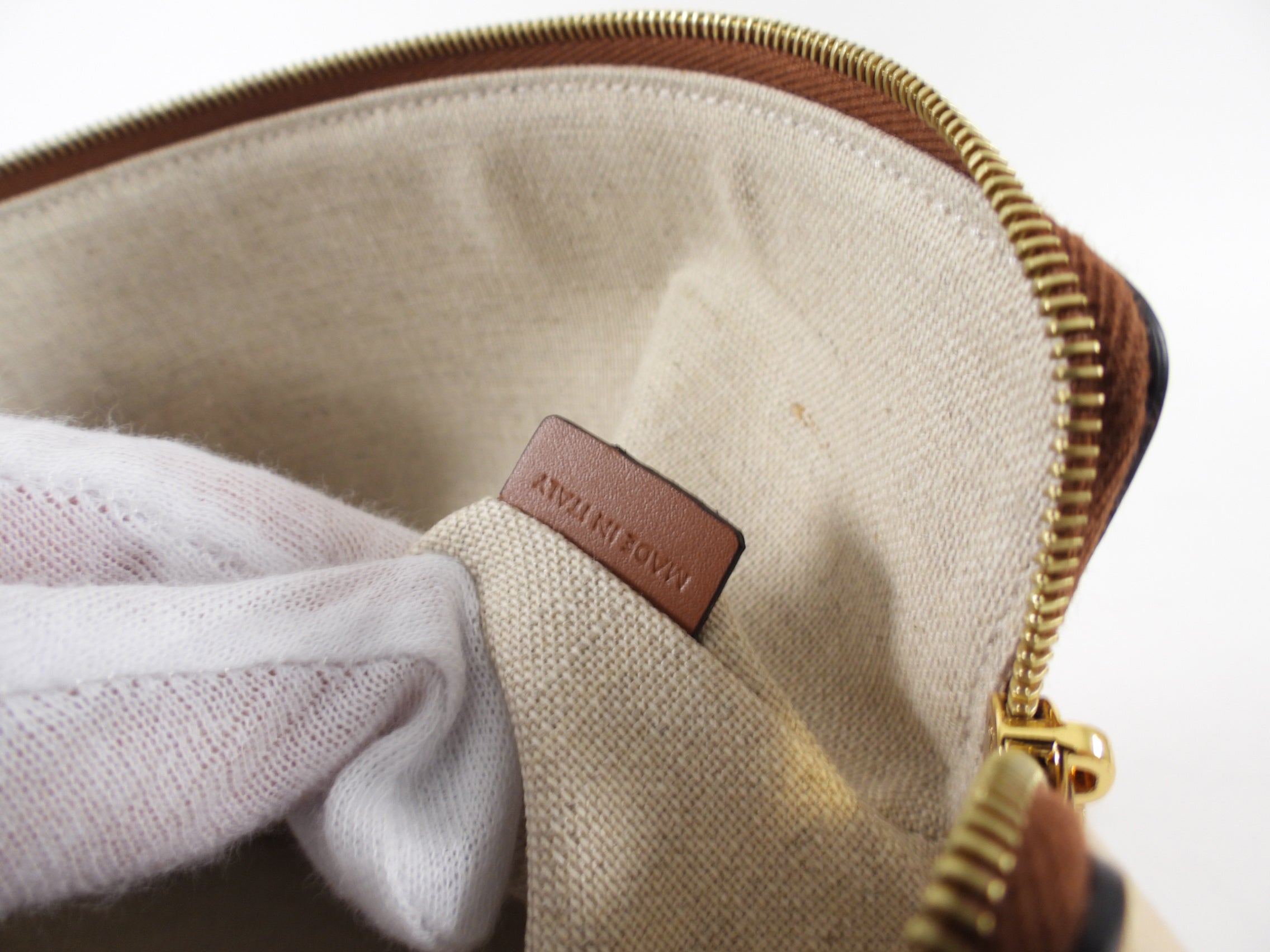 Celine Canvas and Tan Leather Triomphe Zip Pouch Clutch Bag