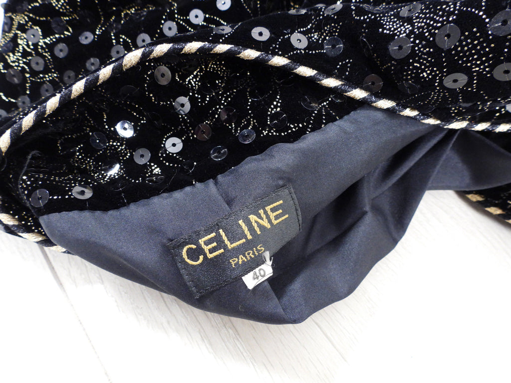Celine Vintage 1980's Black Velvet Sequin Evening Jacket - M