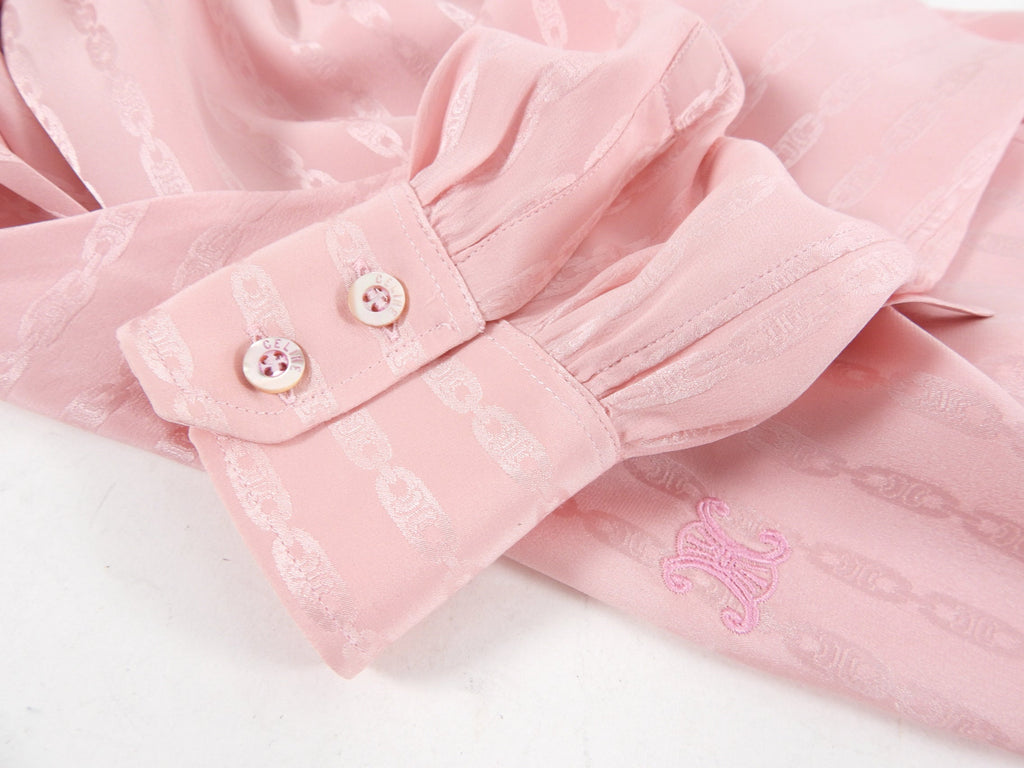 Celine Vintage Silk Jacquard Logo Tie Neck Blouse - S (4/6)