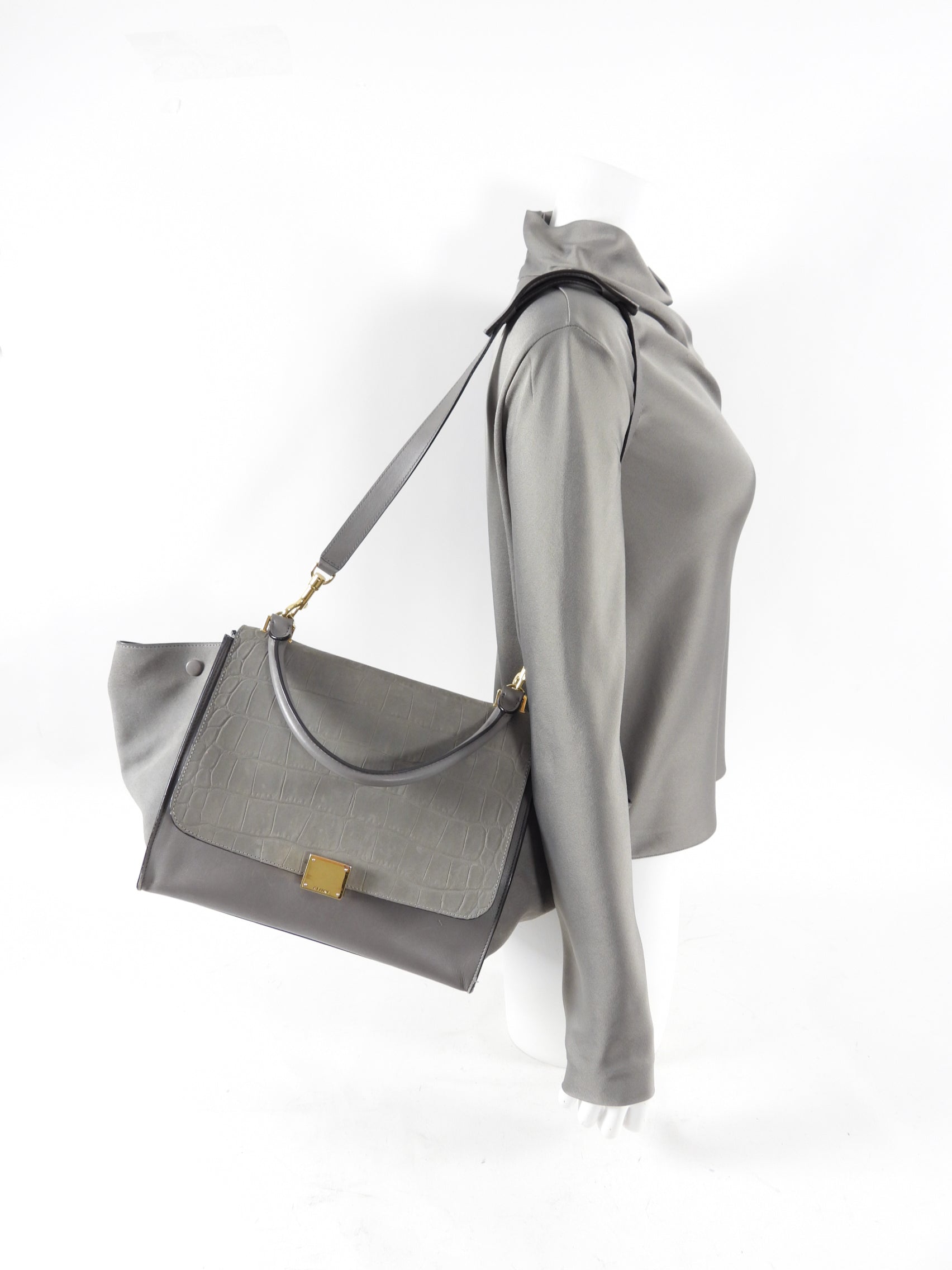 Celine Trapeze Medium Taupe Leather and Suede Bag
