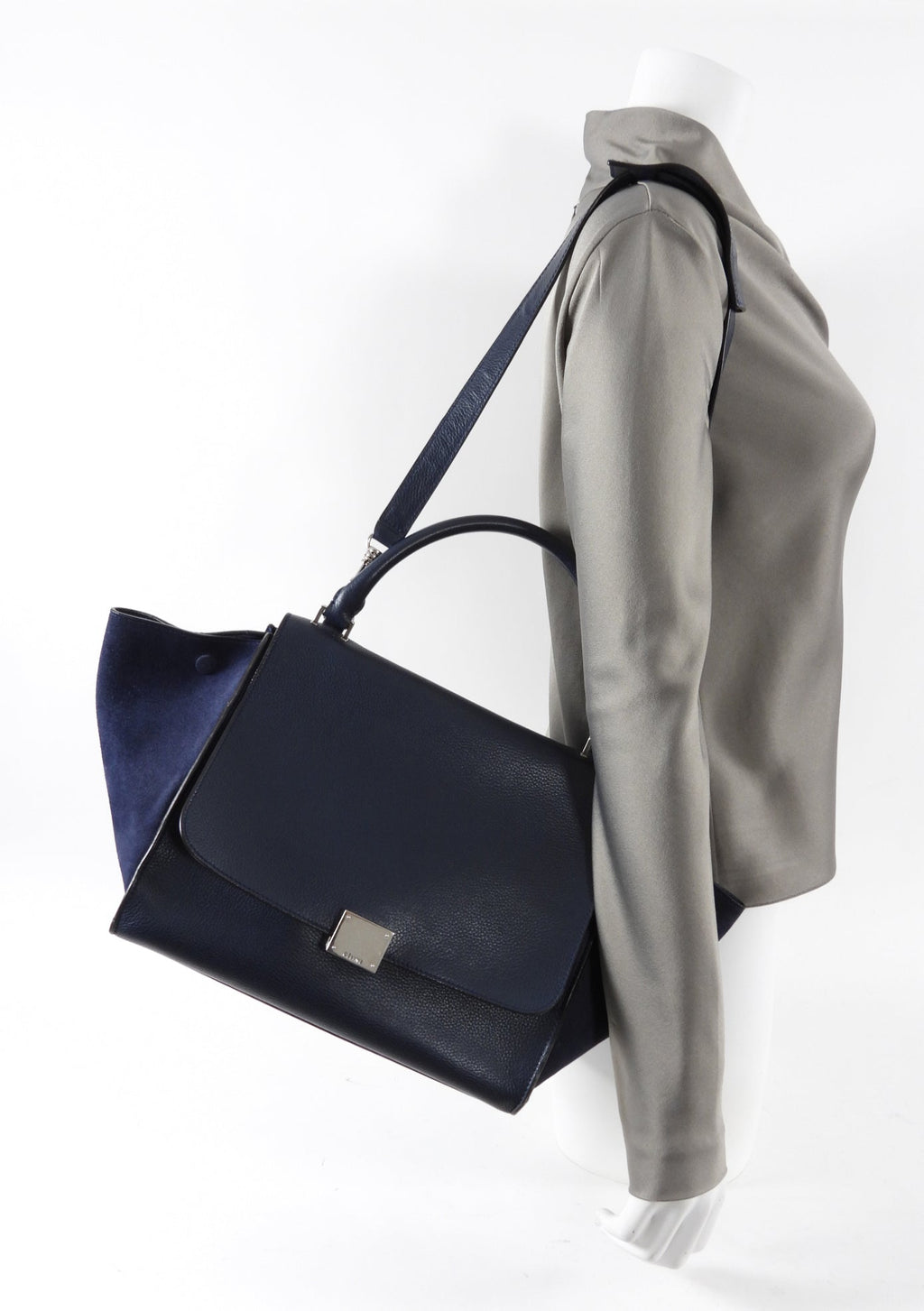 Celine Navy Leather and Suede Trapeze Two-Way Bag