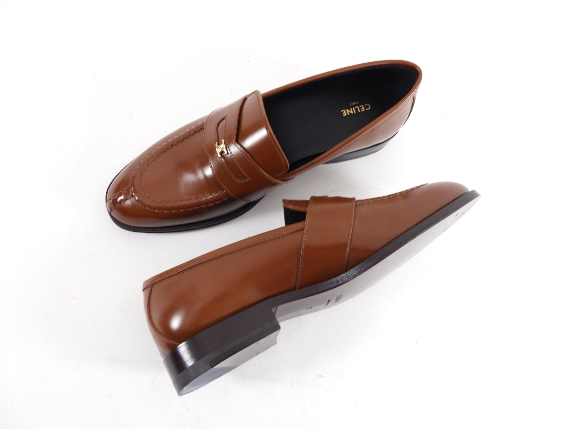 Celine Tan Polished Leather Triomphe Loafers - 37