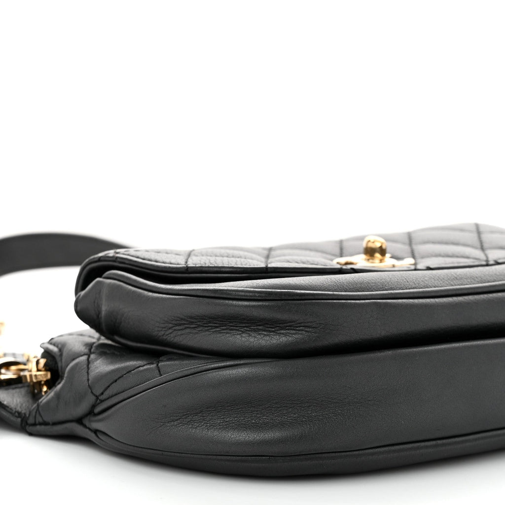 Calfskin Flap Chain Waist Bag Black