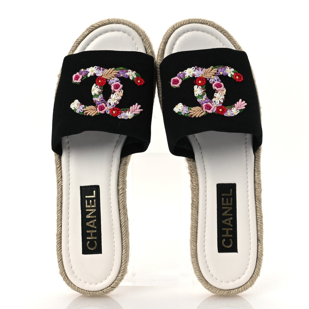 Cotton Floral CC Espadrille Slip On Sandals 40 Black