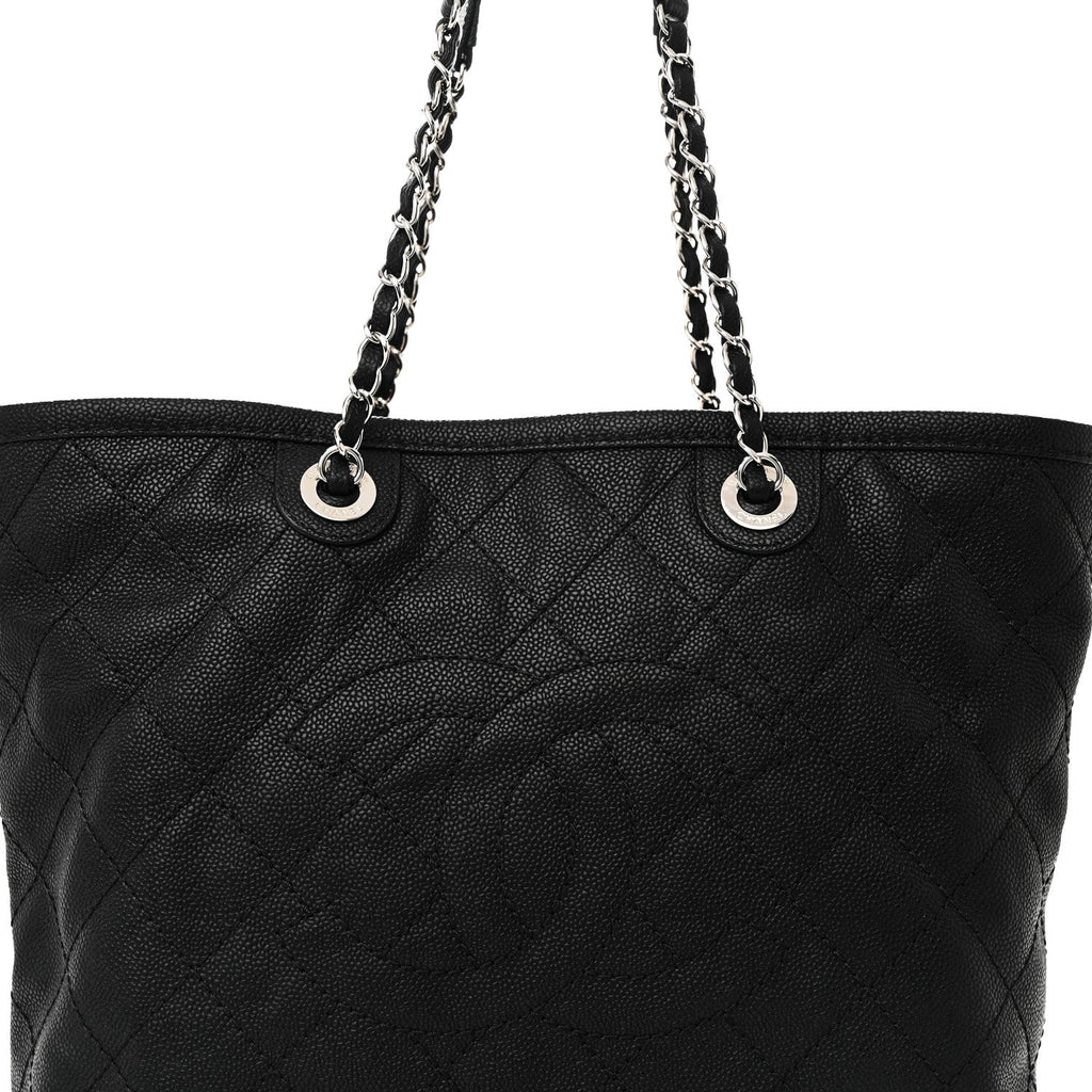Grained Calfskin Quilted Small Daily Shopping Tote Black