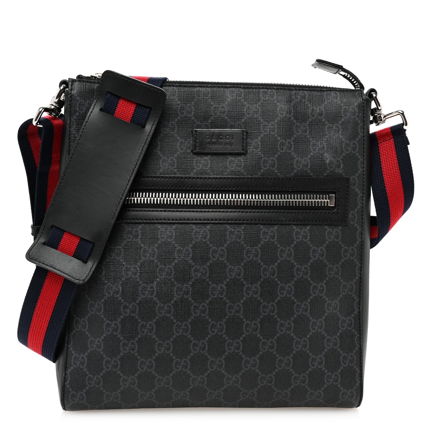 GG Supreme Monogram Appia Calfskin Web Flat Messenger Bag Black Grey