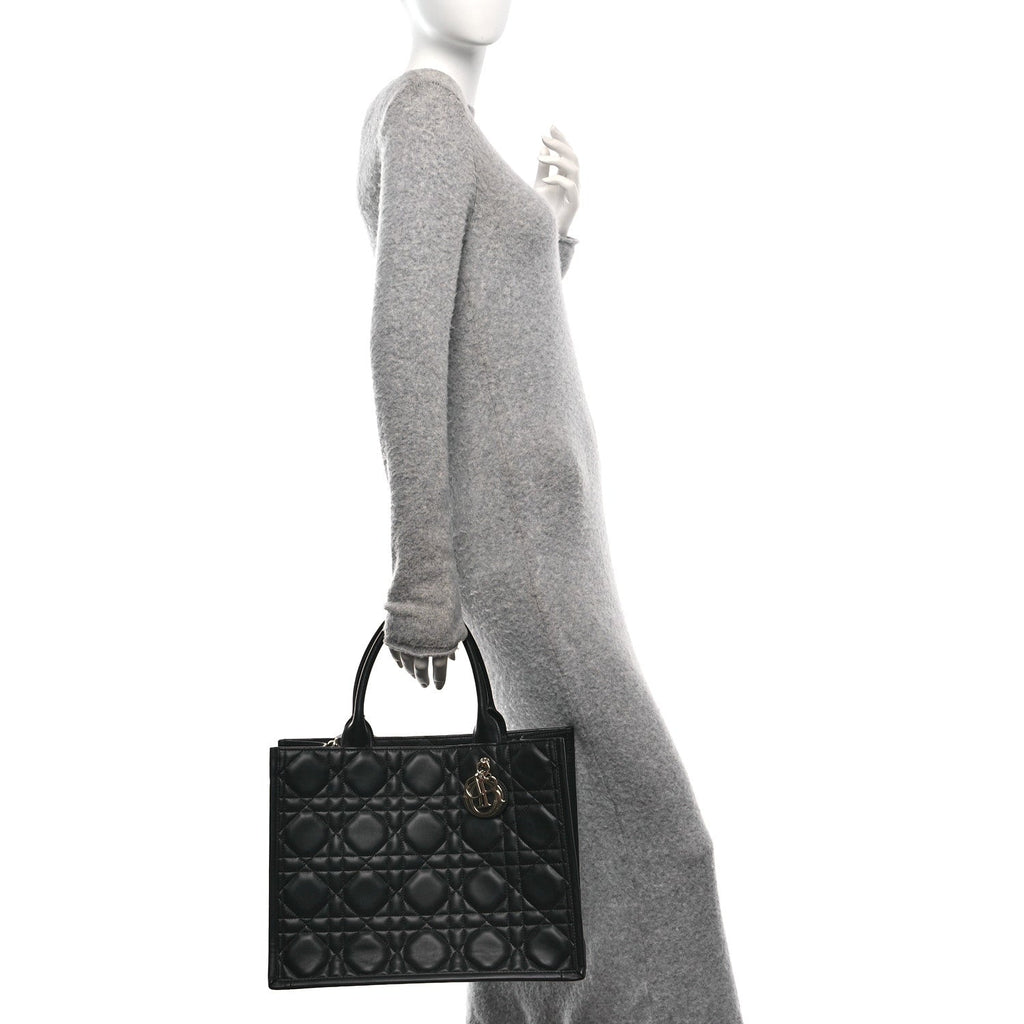 Calfskin Macro Cannage Medium Book Tote Black